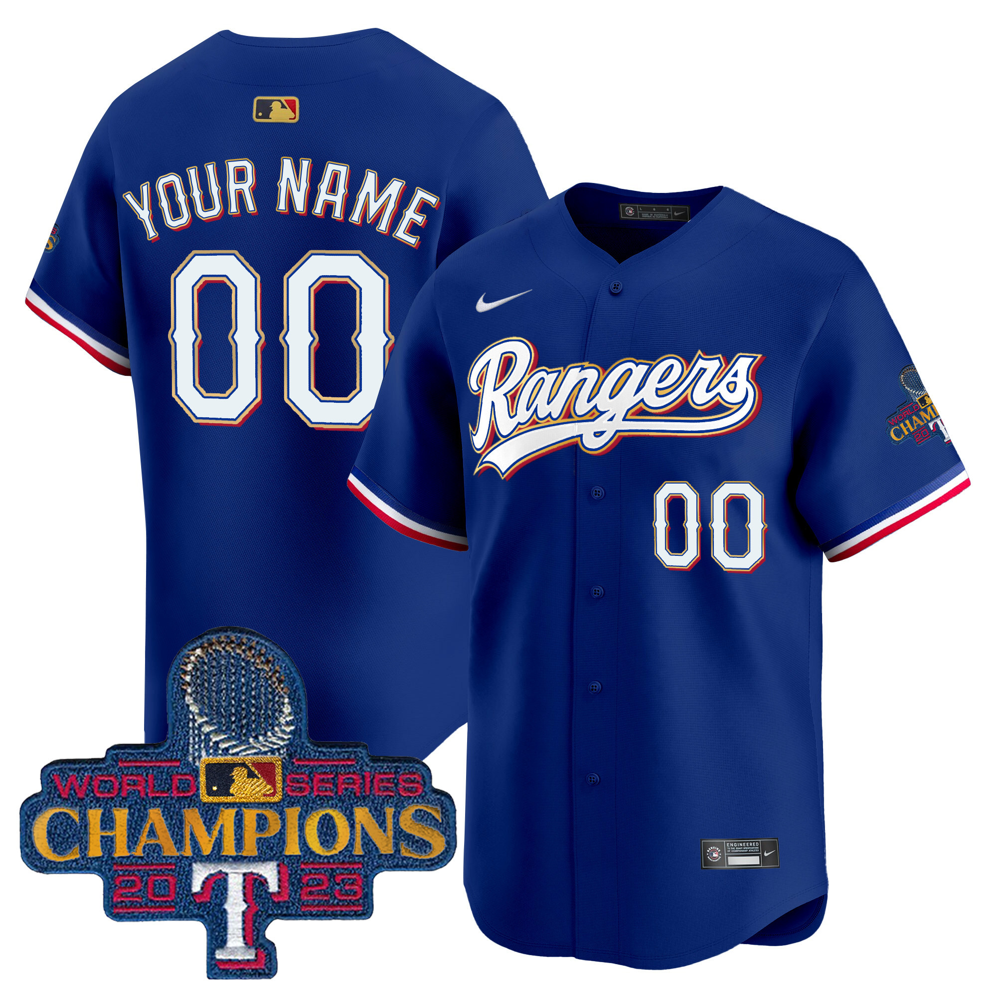 Texas Rangers 2023 World Series Champions Gold Trim Vapor Premier Limited Custom Royal Jersey - All Stitched