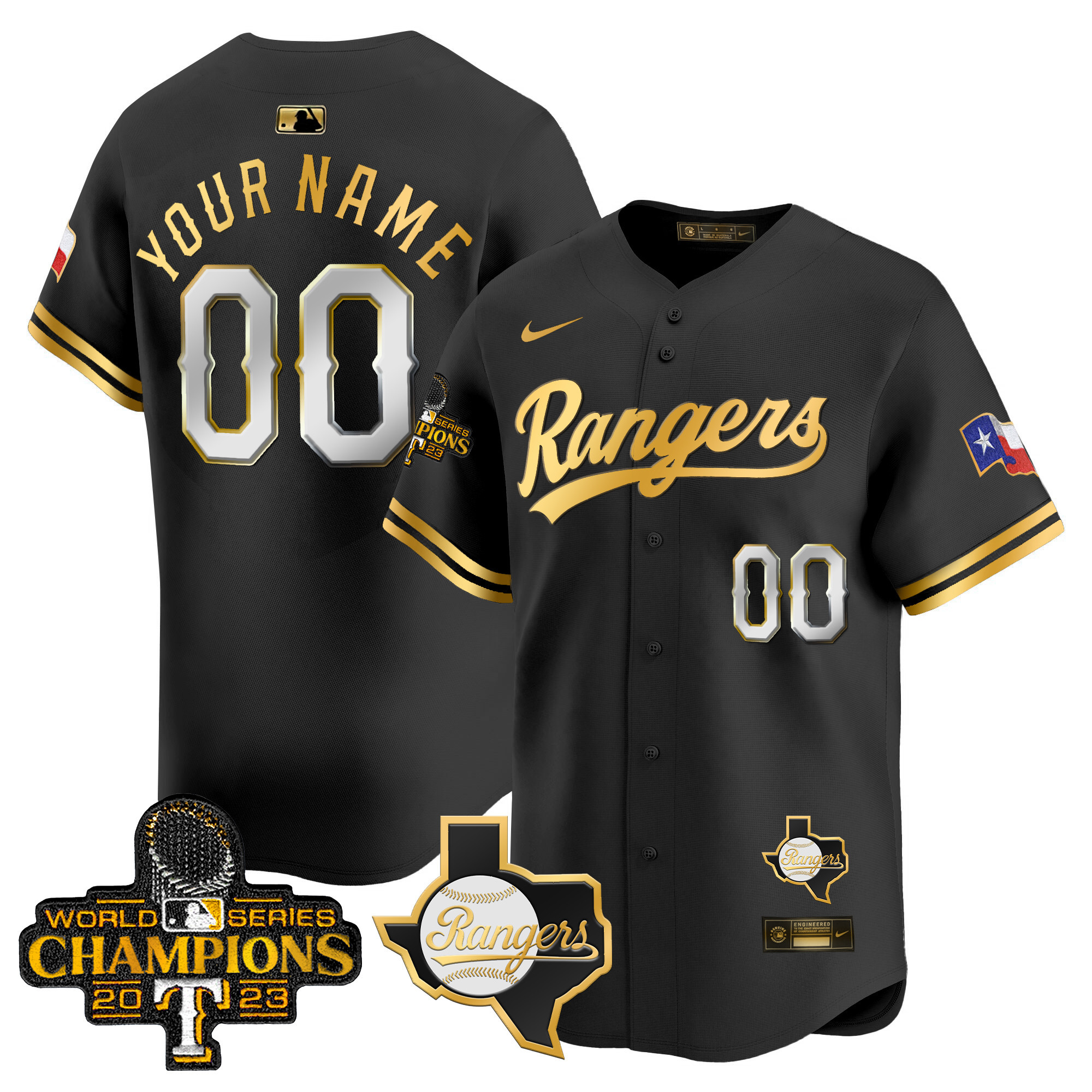 Texas Rangers 2023 World Series Champions Gold Trim Vapor Premier Limited Custom V2 Black Gold Jersey - All Stitched