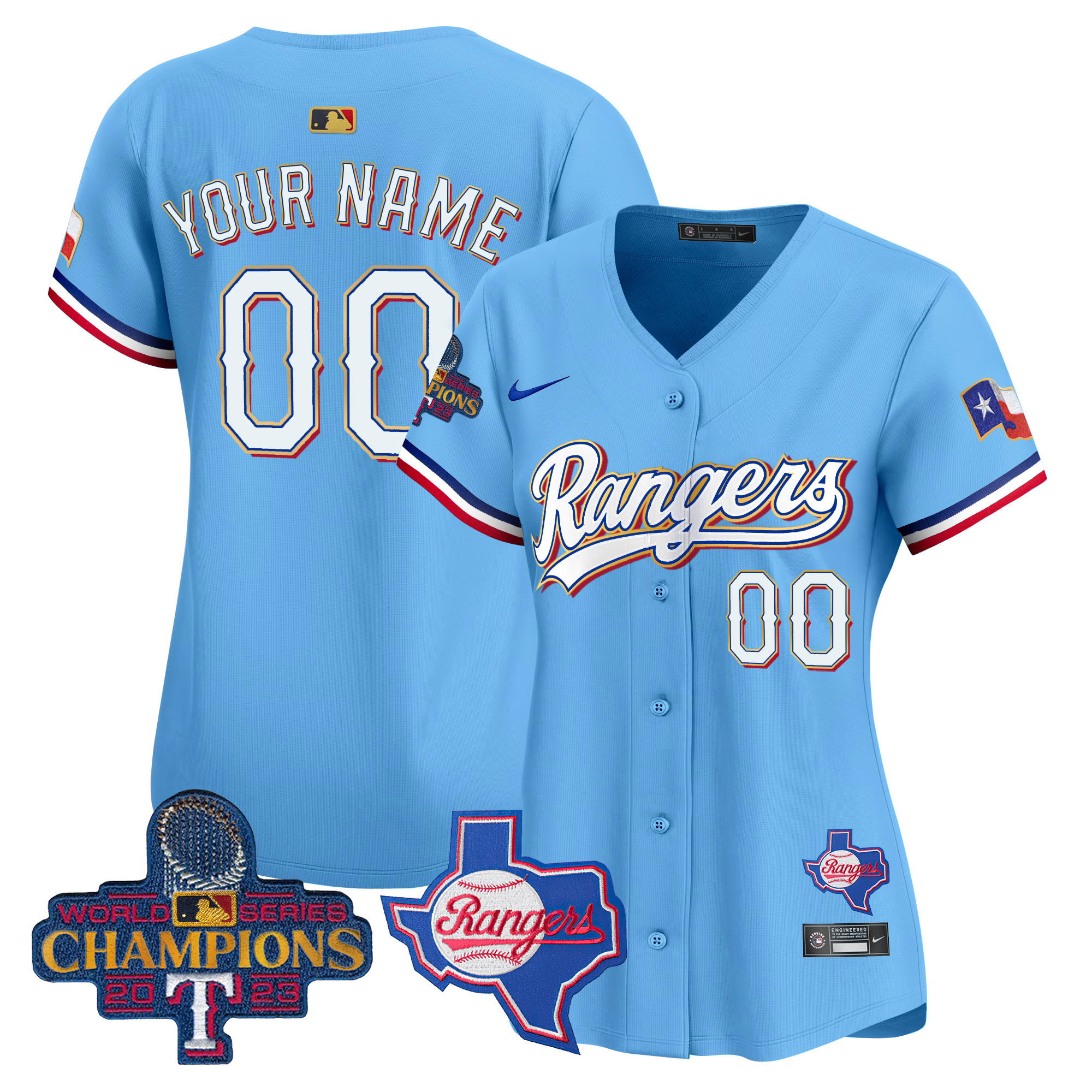 Texas Rangers 2023 World Series Champions Gold Trim Vapor Premier Limited Custom V2 Blue Jersey - All Stitched