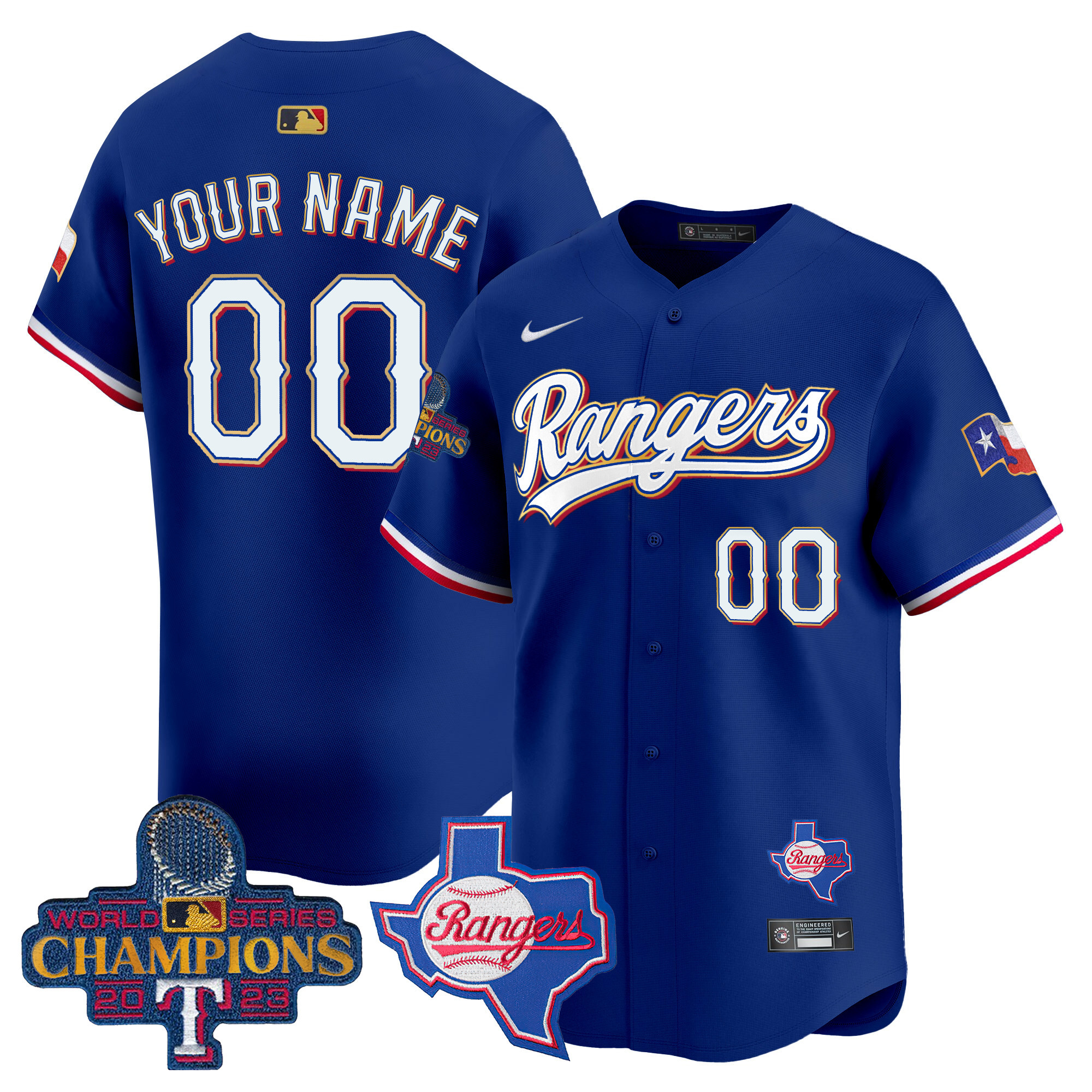 Texas Rangers 2023 World Series Champions Gold Trim Vapor Premier Limited Custom V2 Royal Jersey - All Stitched