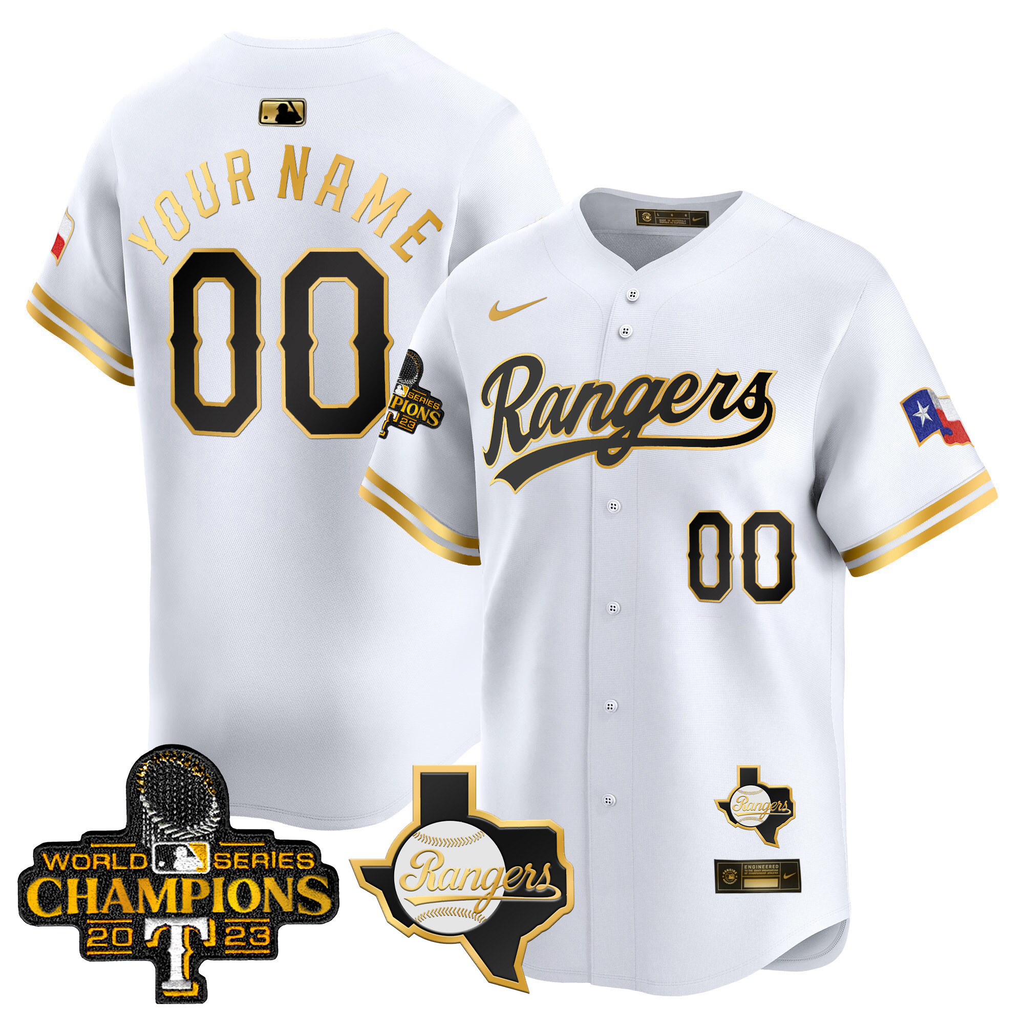 Texas Rangers 2023 World Series Champions Gold Trim Vapor Premier Limited Custom V2 White Gold Jersey - All Stitched