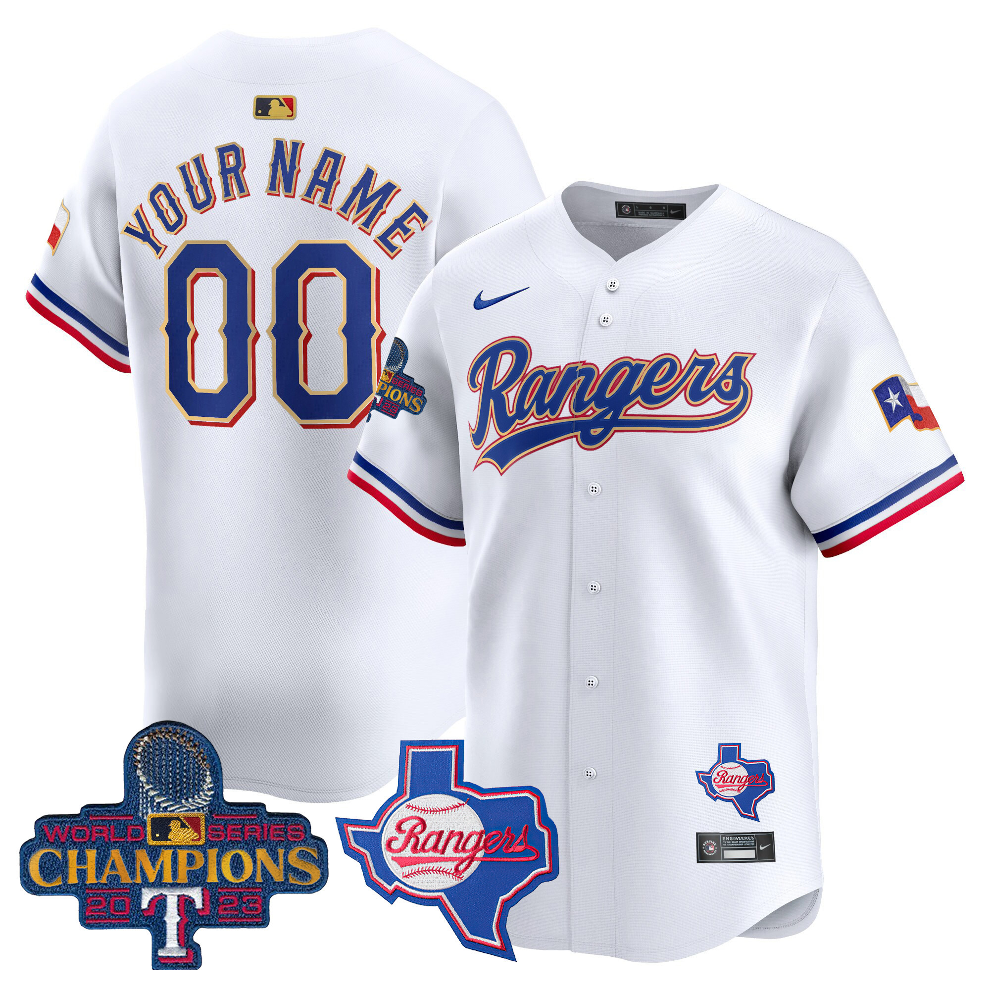 Texas Rangers 2023 World Series Champions Gold Trim Vapor Premier Limited Custom V2 White Jersey - All Stitched