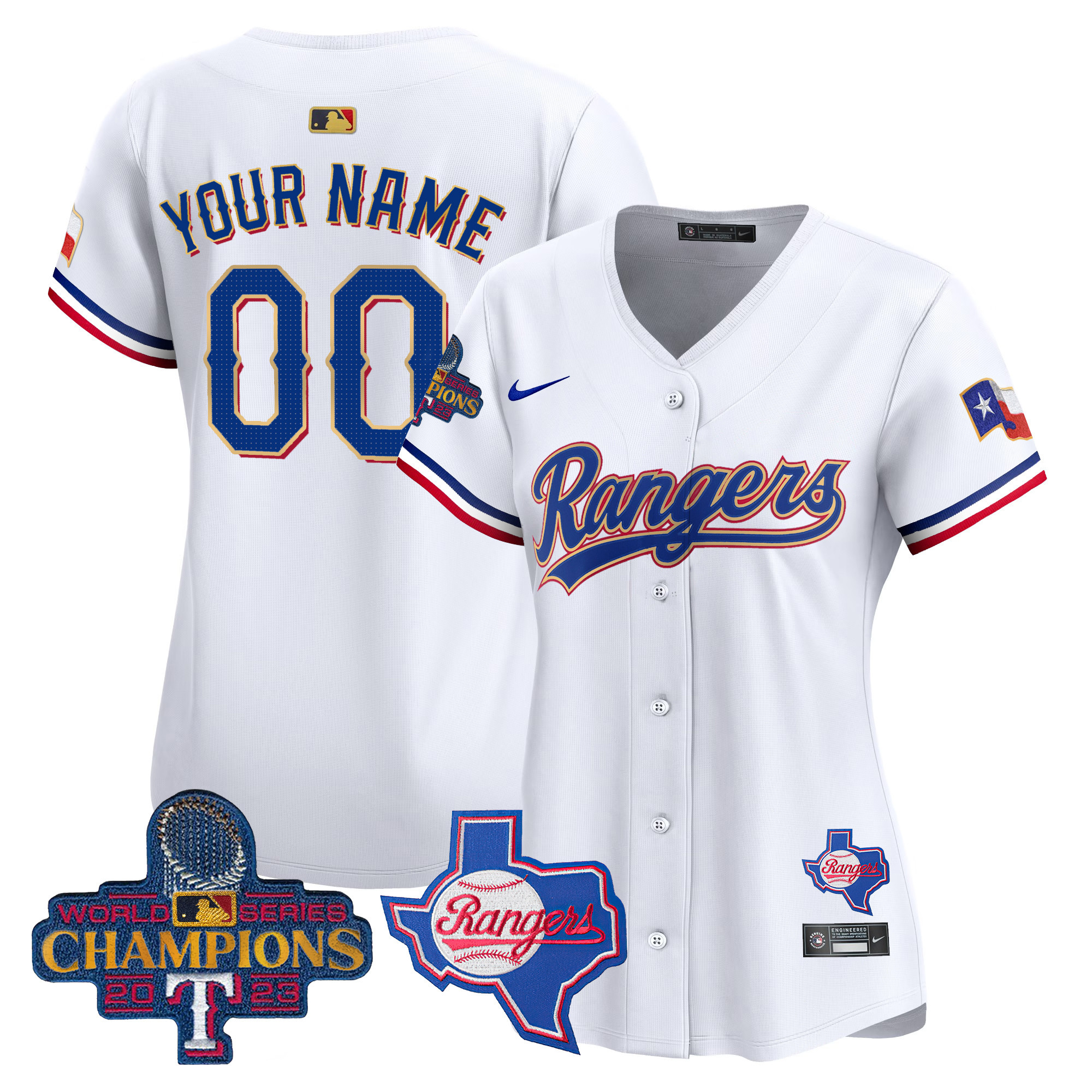 Texas Rangers 2023 World Series Champions Gold Trim Vapor Premier Limited Custom V2 White Jersey - All Stitched