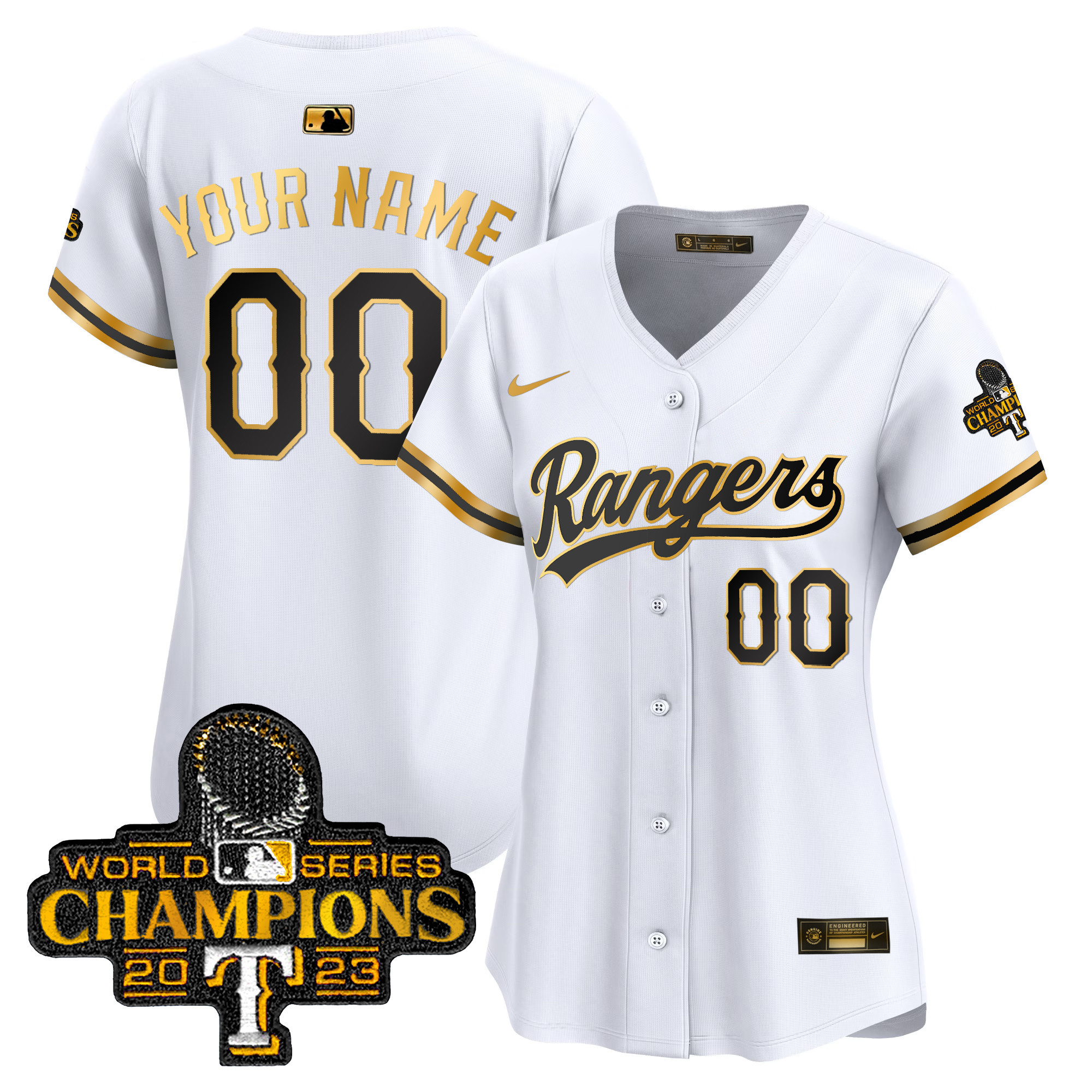 Texas Rangers 2023 World Series Champions Gold Trim Vapor Premier Limited Custom White Gold Jersey - All Stitched