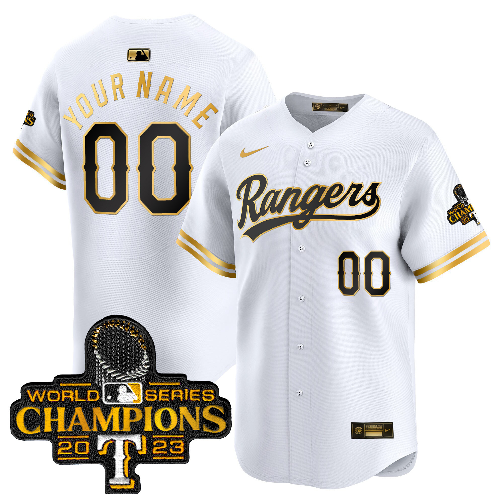 Texas Rangers 2023 World Series Champions Gold Trim Vapor Premier Limited Custom White Gold Jersey - All Stitched