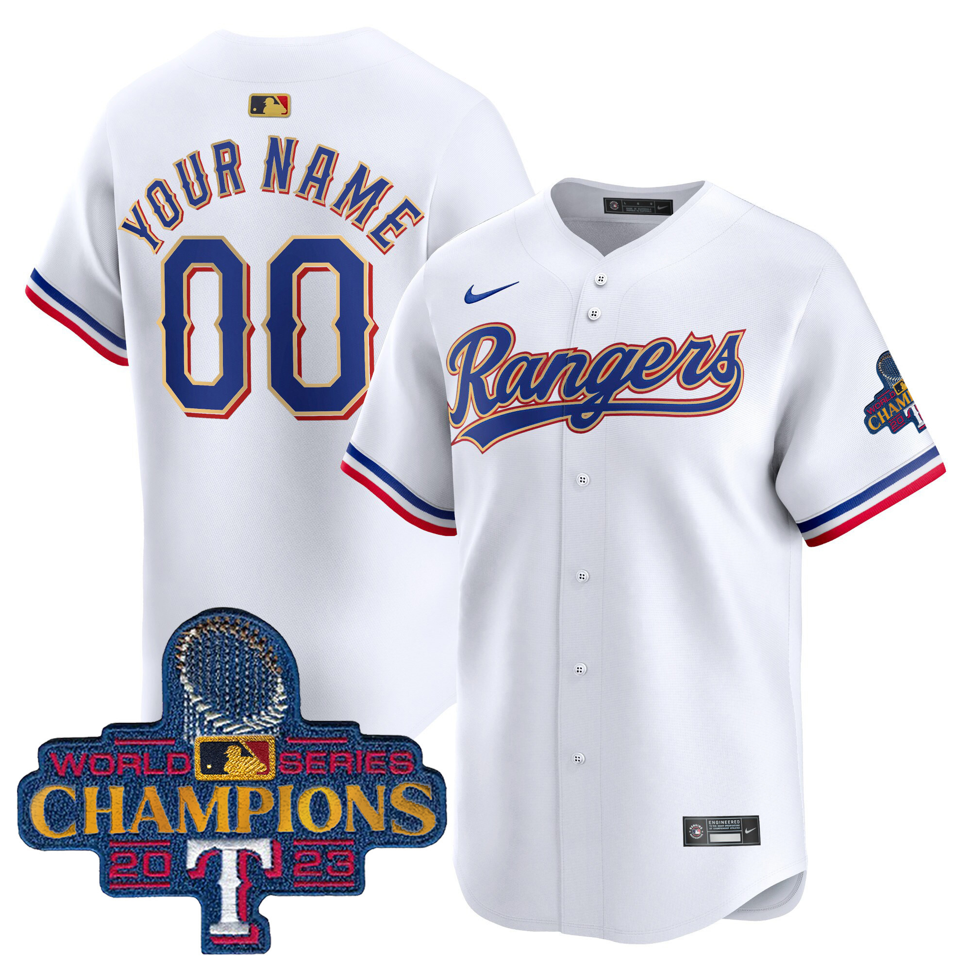 Texas Rangers 2023 World Series Champions Gold Trim Vapor Premier Limited Custom White Jersey - All Stitched