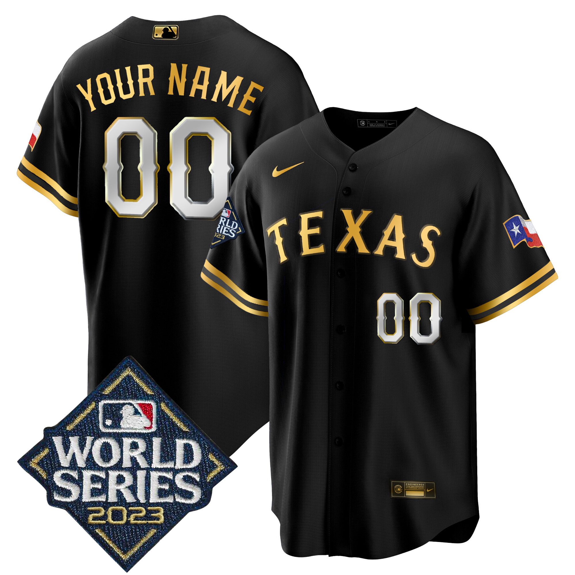 Texas Rangers 2023 World Series Cool Base Custom Black Gold Jersey - All Stitched