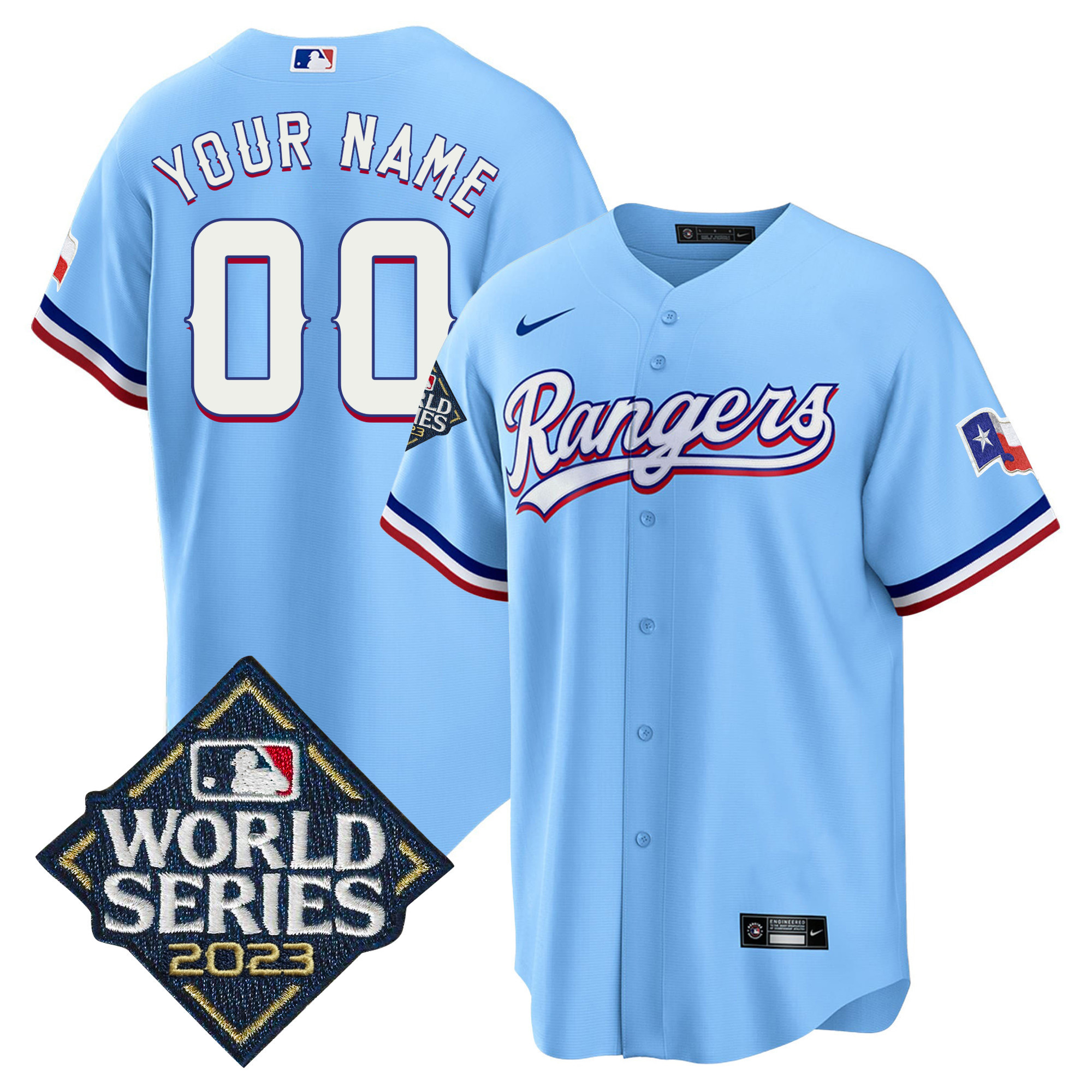 Texas Rangers 2023 World Series Cool Base Custom Blue Jersey - All Stitched