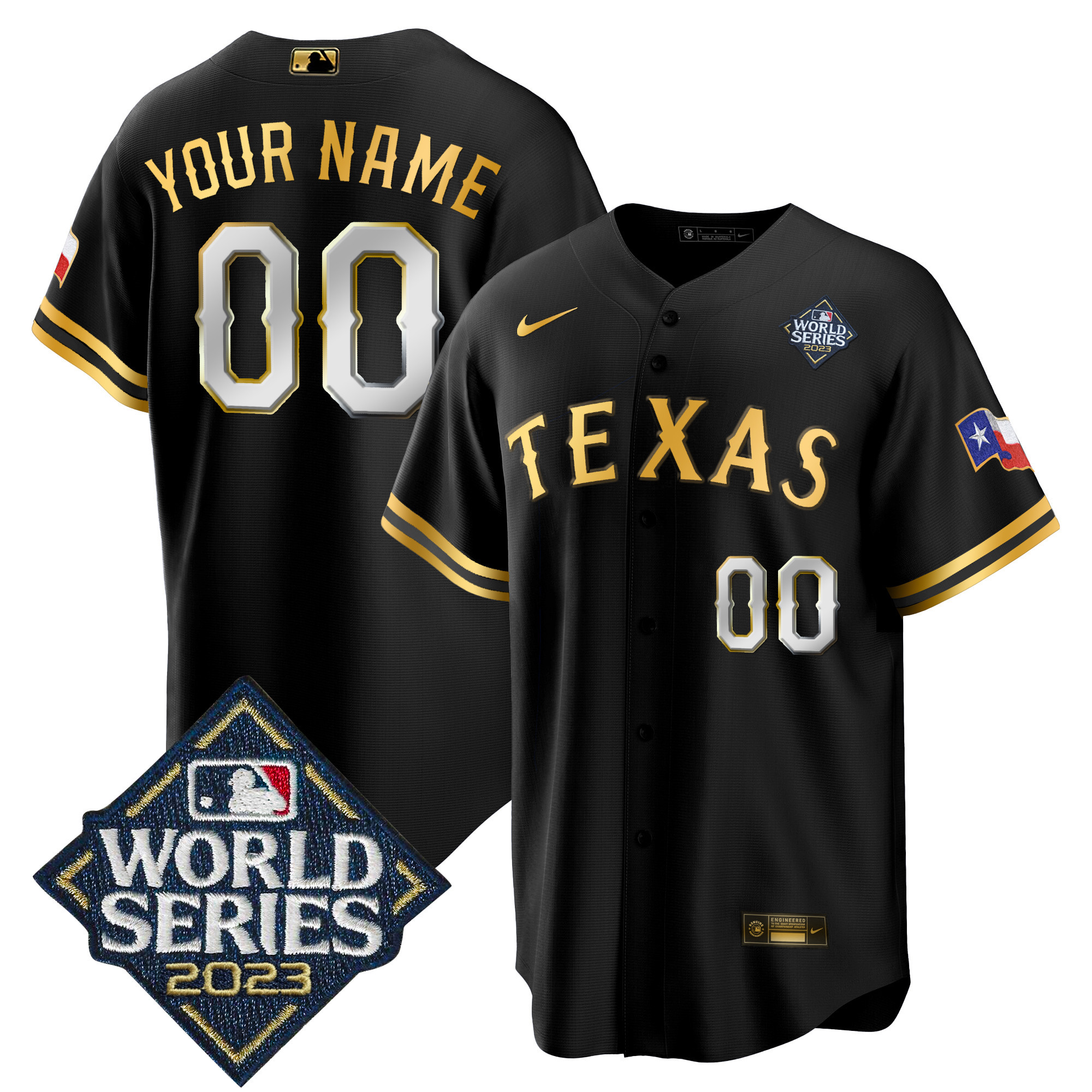 Texas Rangers 2023 World Series Cool Base Custom V2 Black Gold Jersey - All Stitched