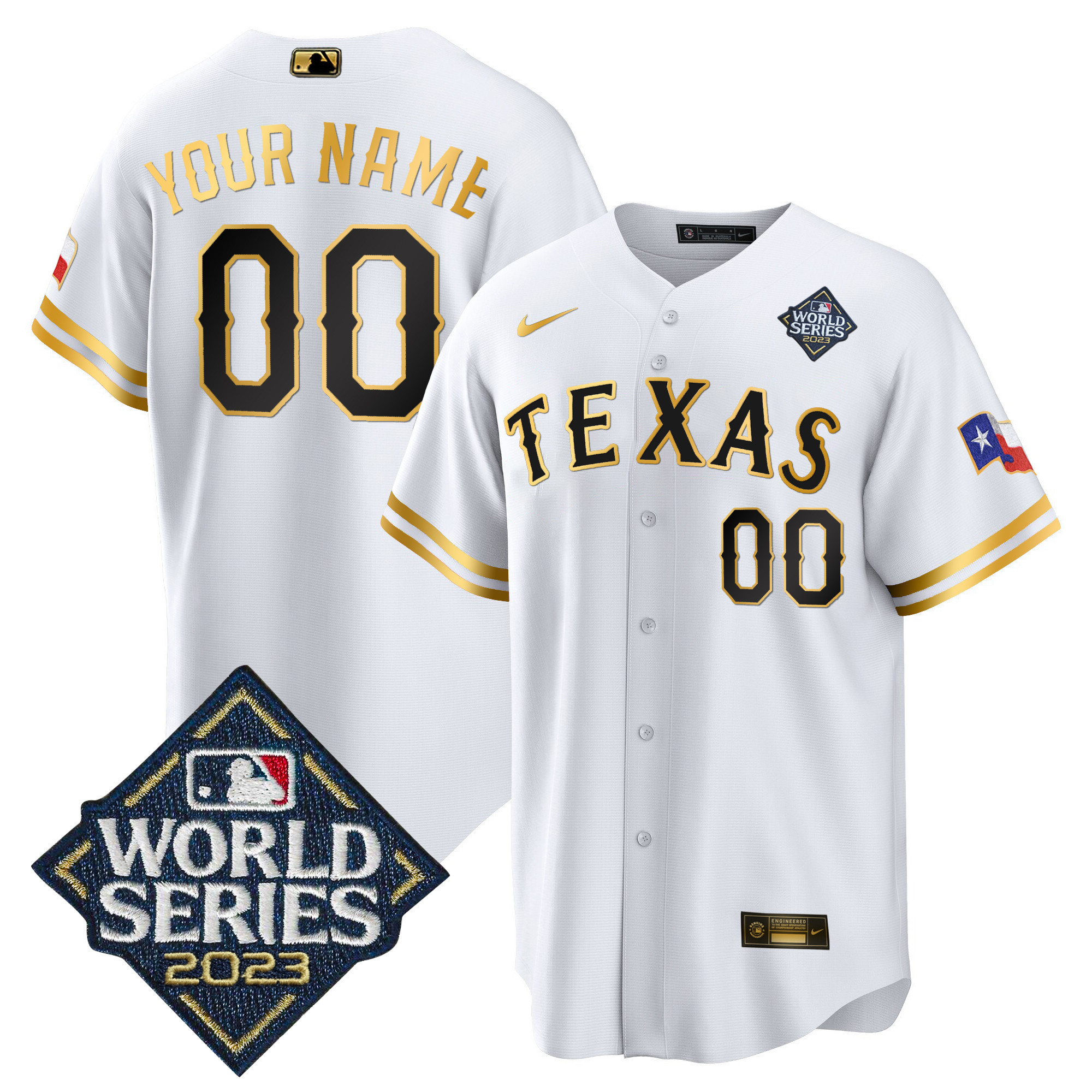 Texas Rangers 2023 World Series Cool Base Custom V2 White Gold Jersey - All Stitched