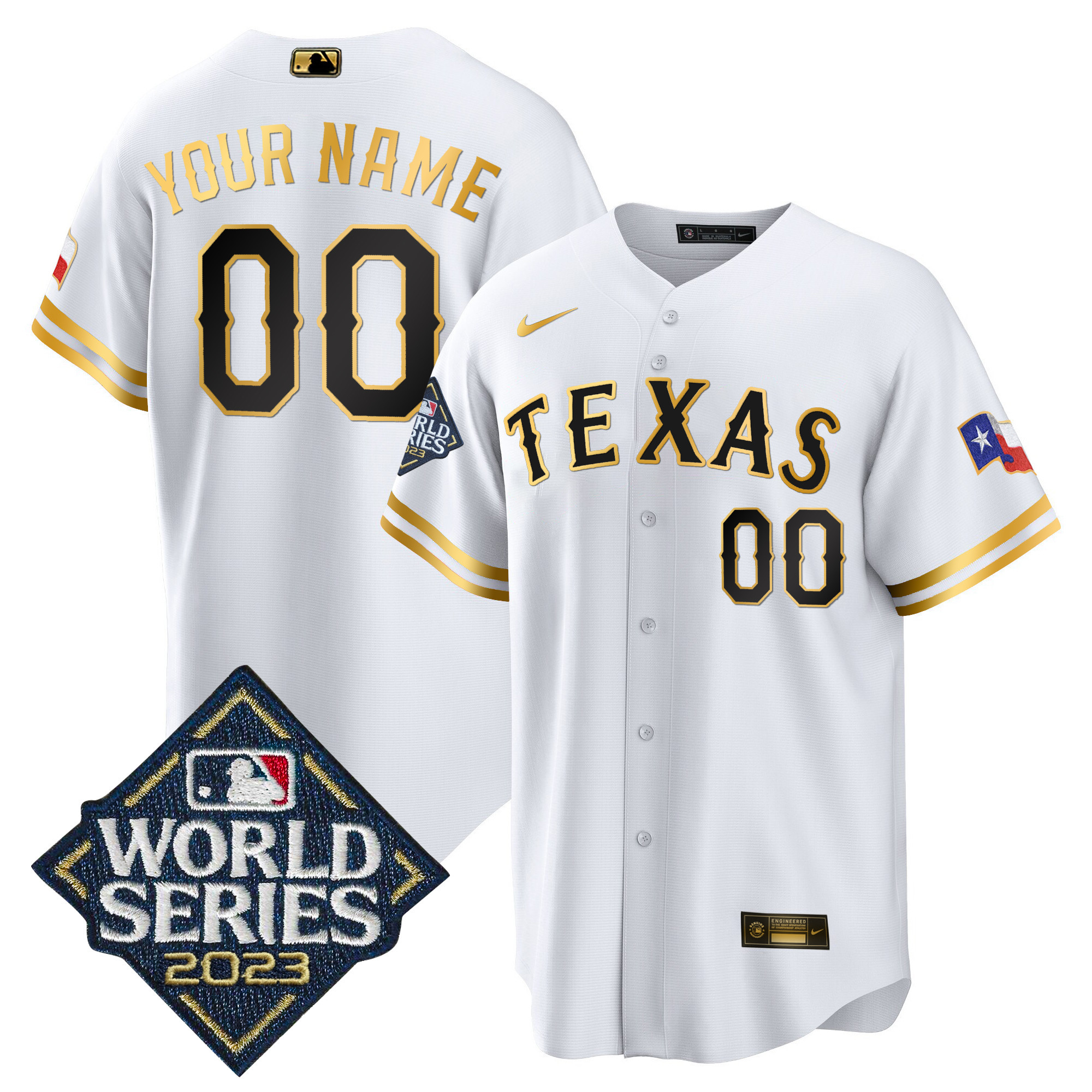 Texas Rangers 2023 World Series Cool Base Custom White Gold Jersey - All Stitched