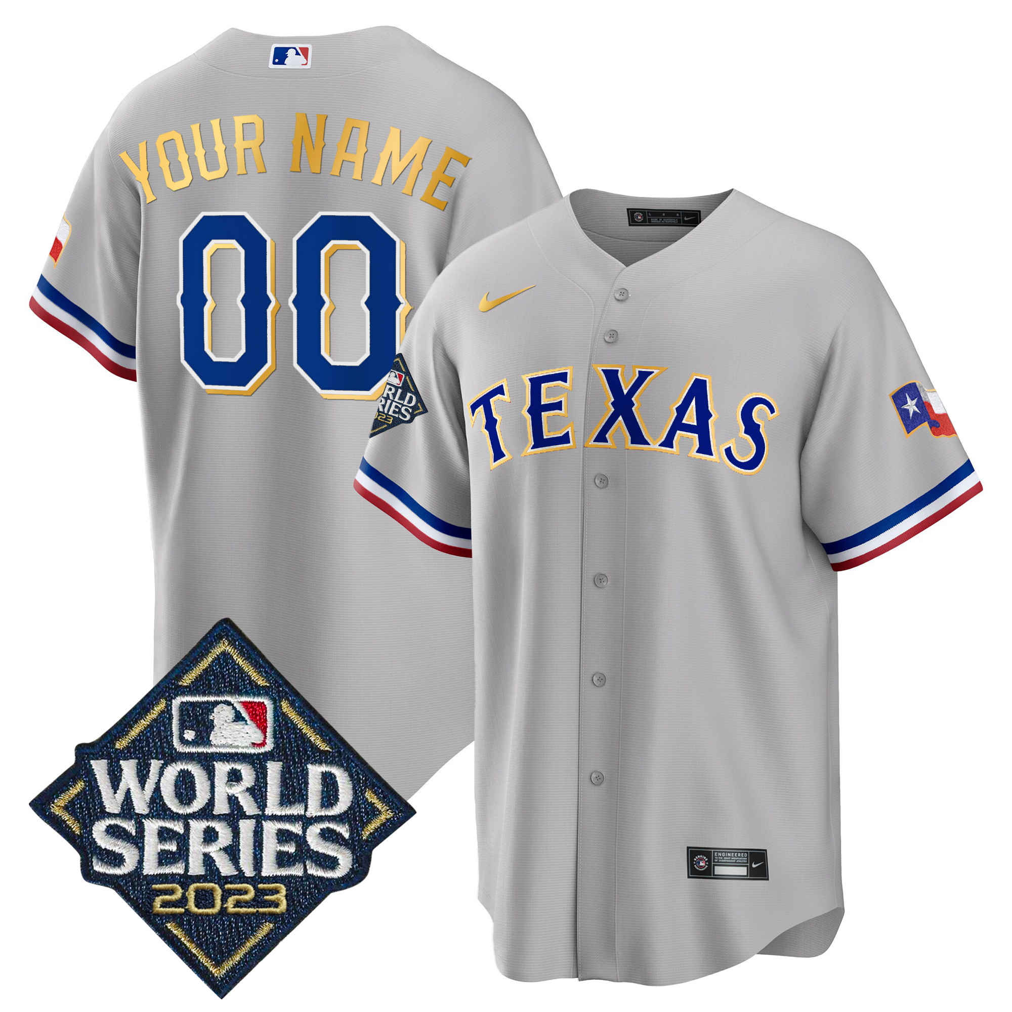 Texas Rangers 2023 World Series Cool Base Gold Trim Custom Gray Jersey - All Stitched
