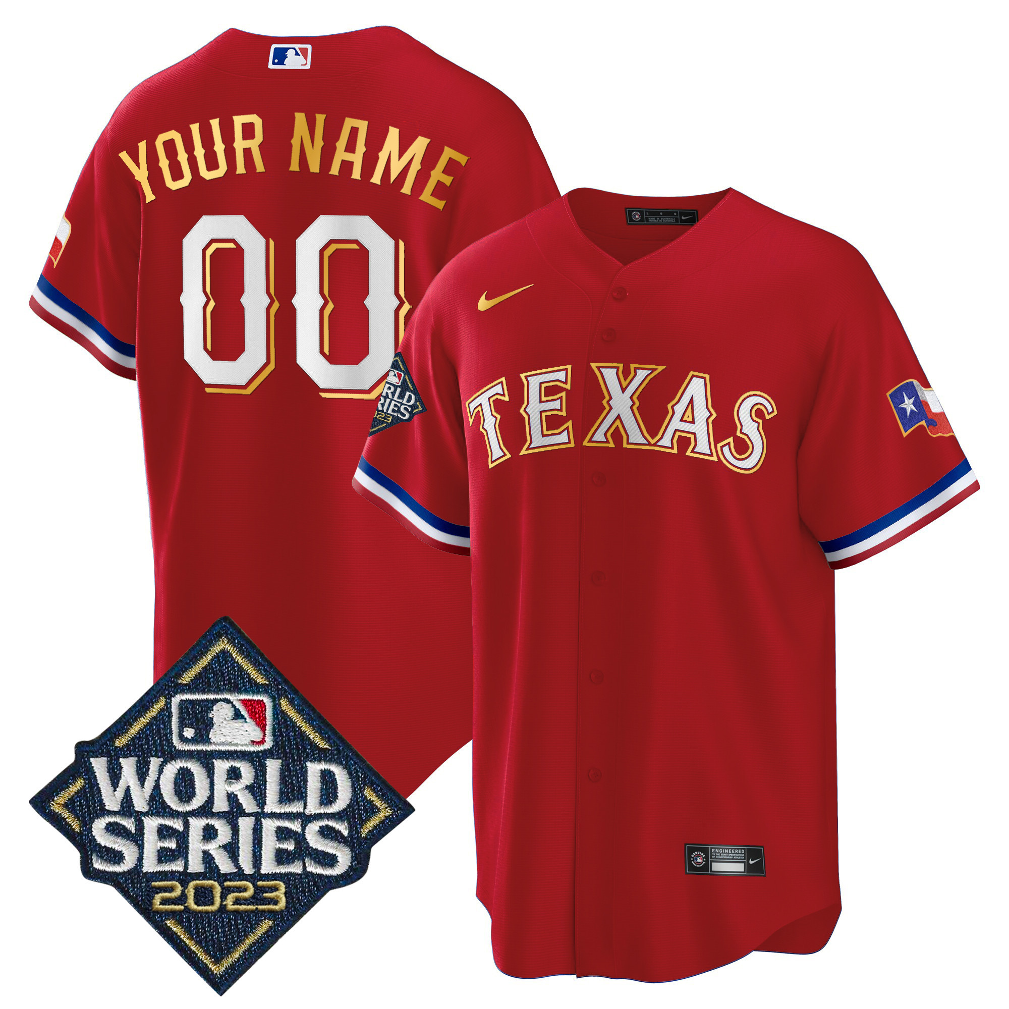 Texas Rangers 2023 World Series Cool Base Gold Trim Custom Red Jersey - All Stitched