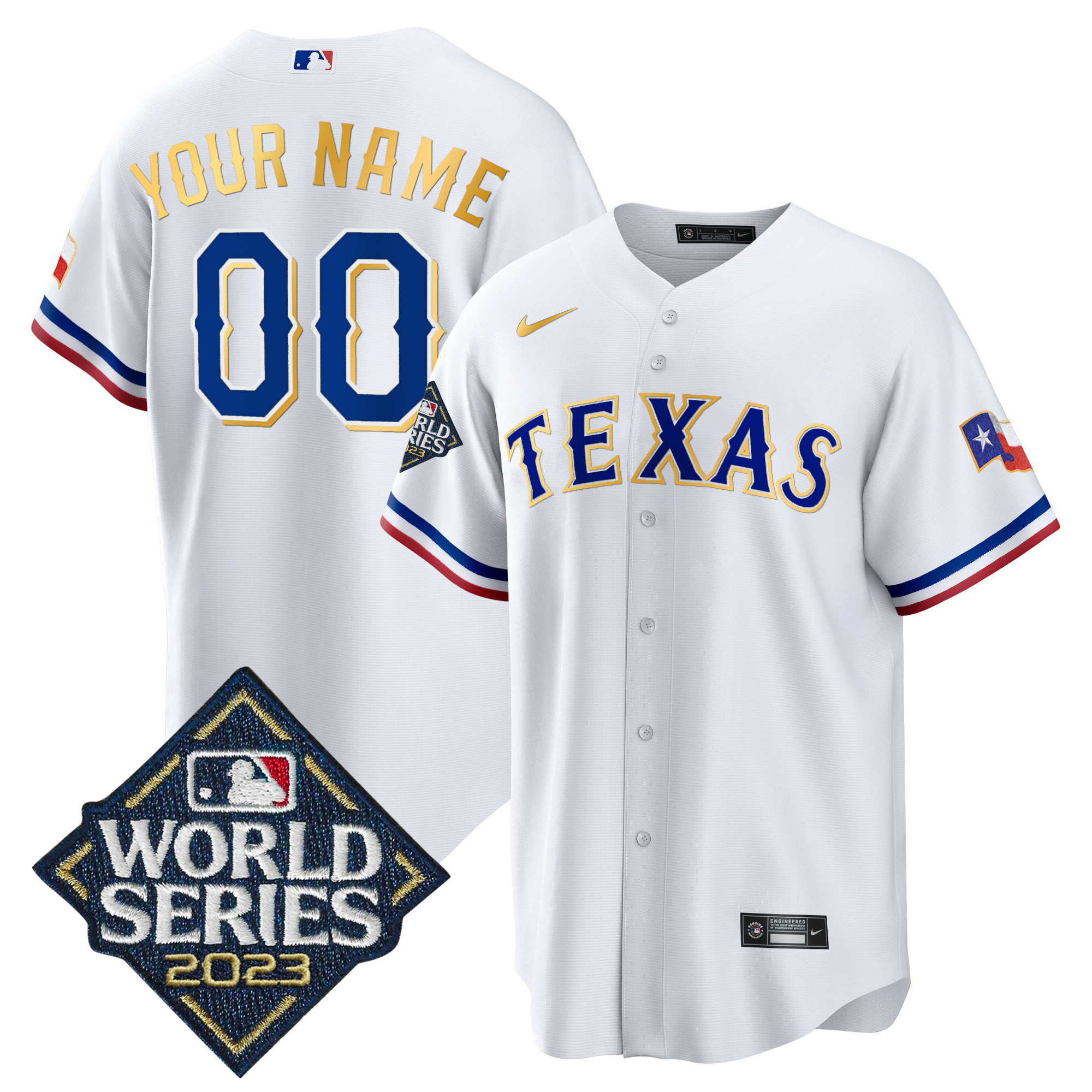 Texas Rangers 2023 World Series Cool Base Gold Trim Custom White Jersey - All Stitched