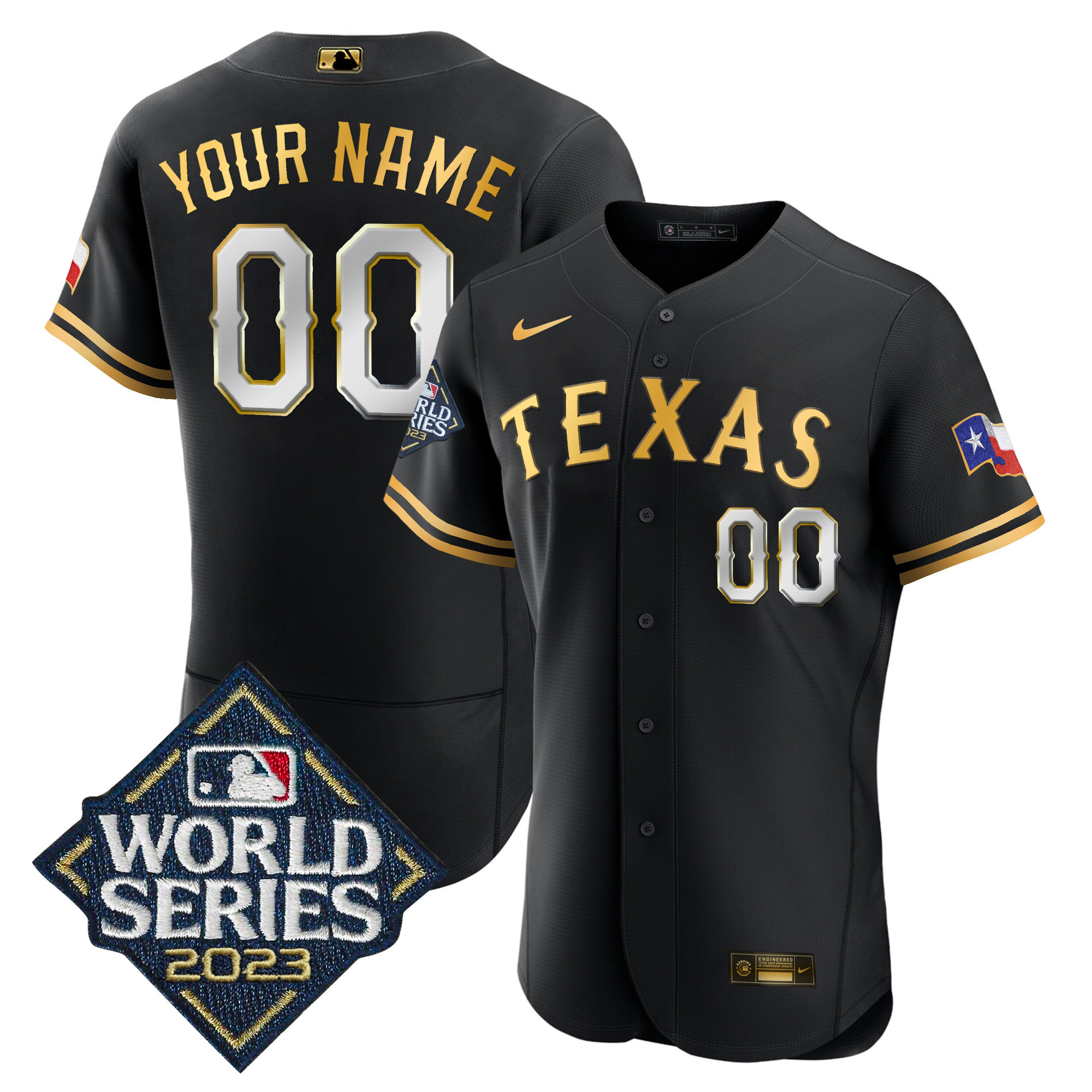 Texas Rangers 2023 World Series Flex Base Custom Black Gold Jersey - All Stitched