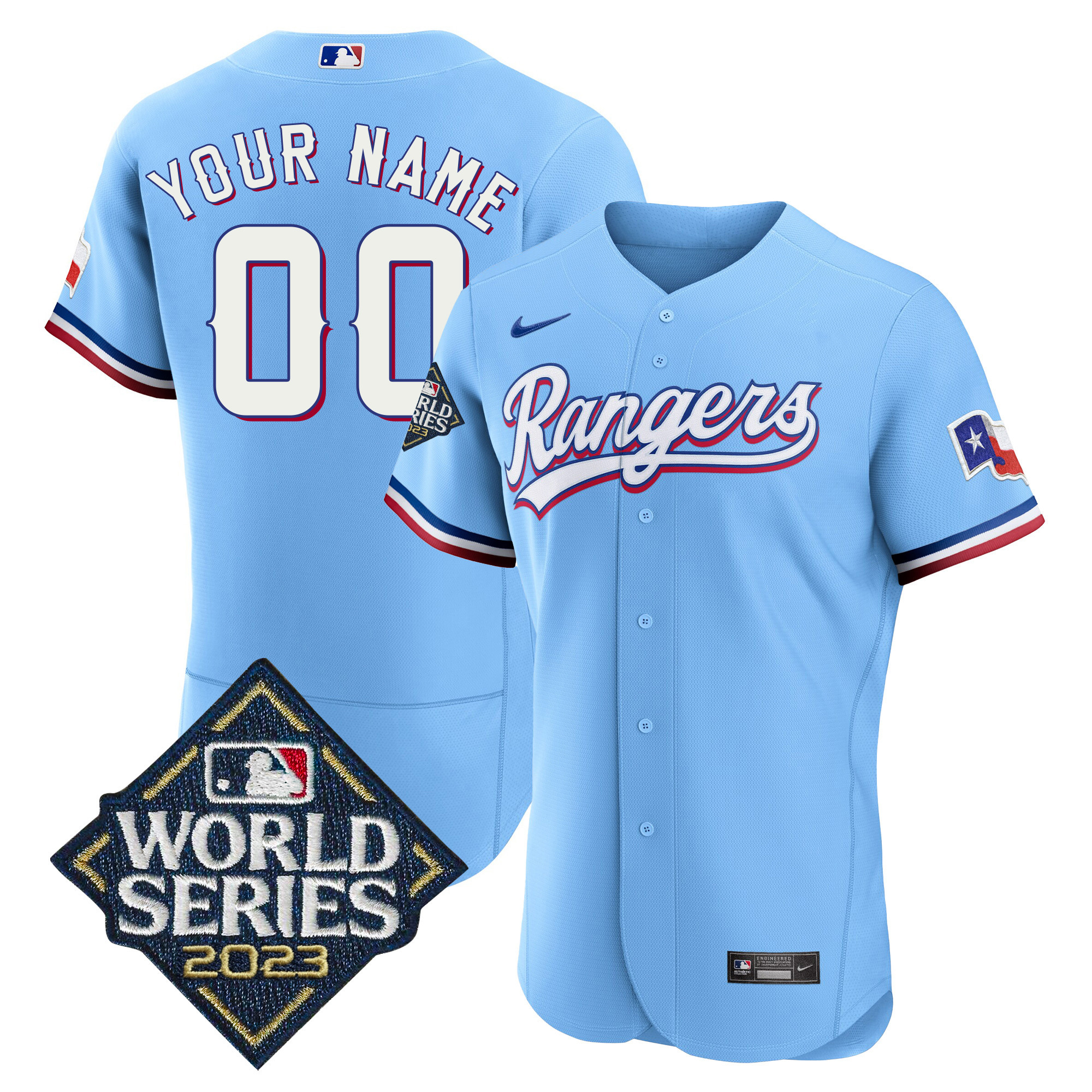 Texas Rangers 2023 World Series Flex Base Custom Blue Jersey - All Stitched