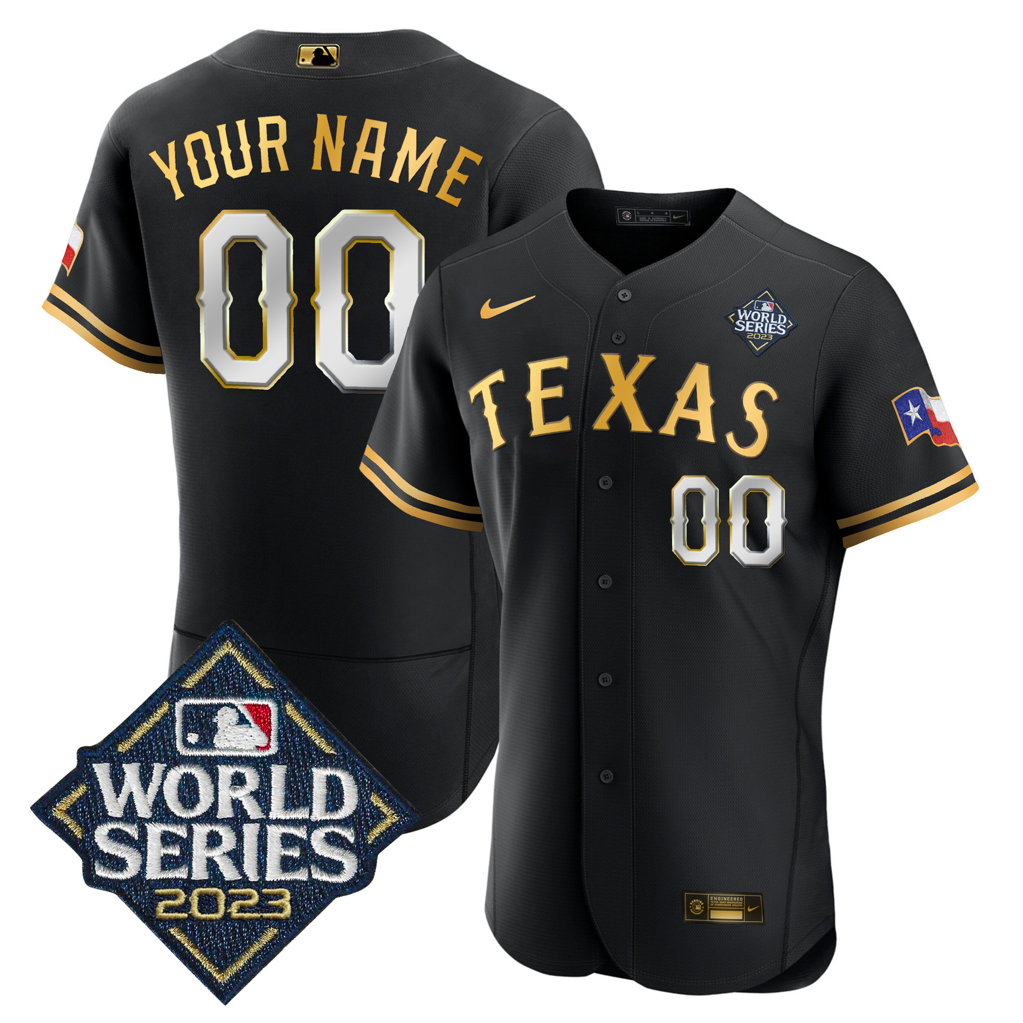 Texas Rangers 2023 World Series Flex Base Custom V2 Black Gold Jersey - All Stitched