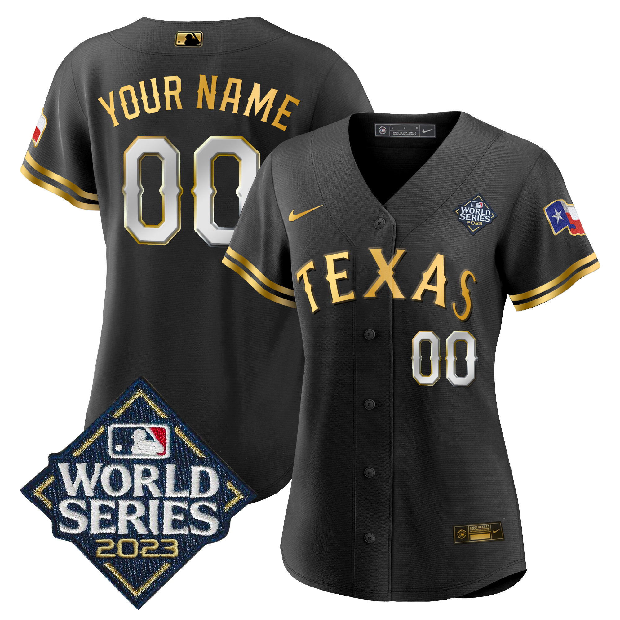 Texas Rangers 2023 World Series Flex Base Custom V2 Black Gold Jersey - All Stitched