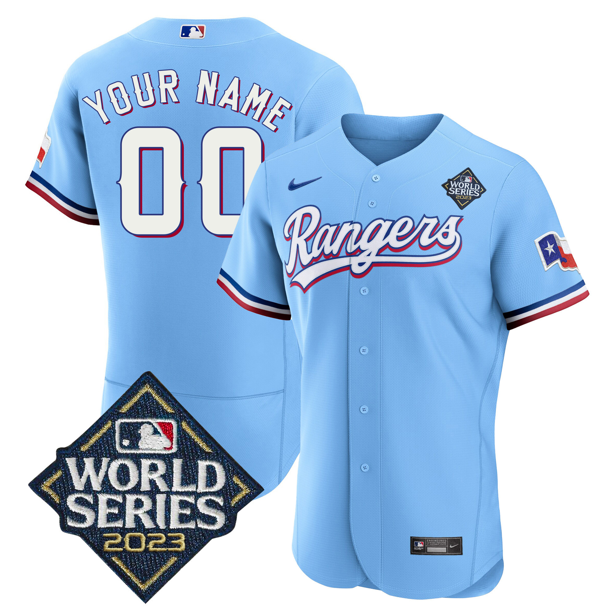 Texas Rangers 2023 World Series Flex Base Custom V2 Blue Jersey - All Stitched