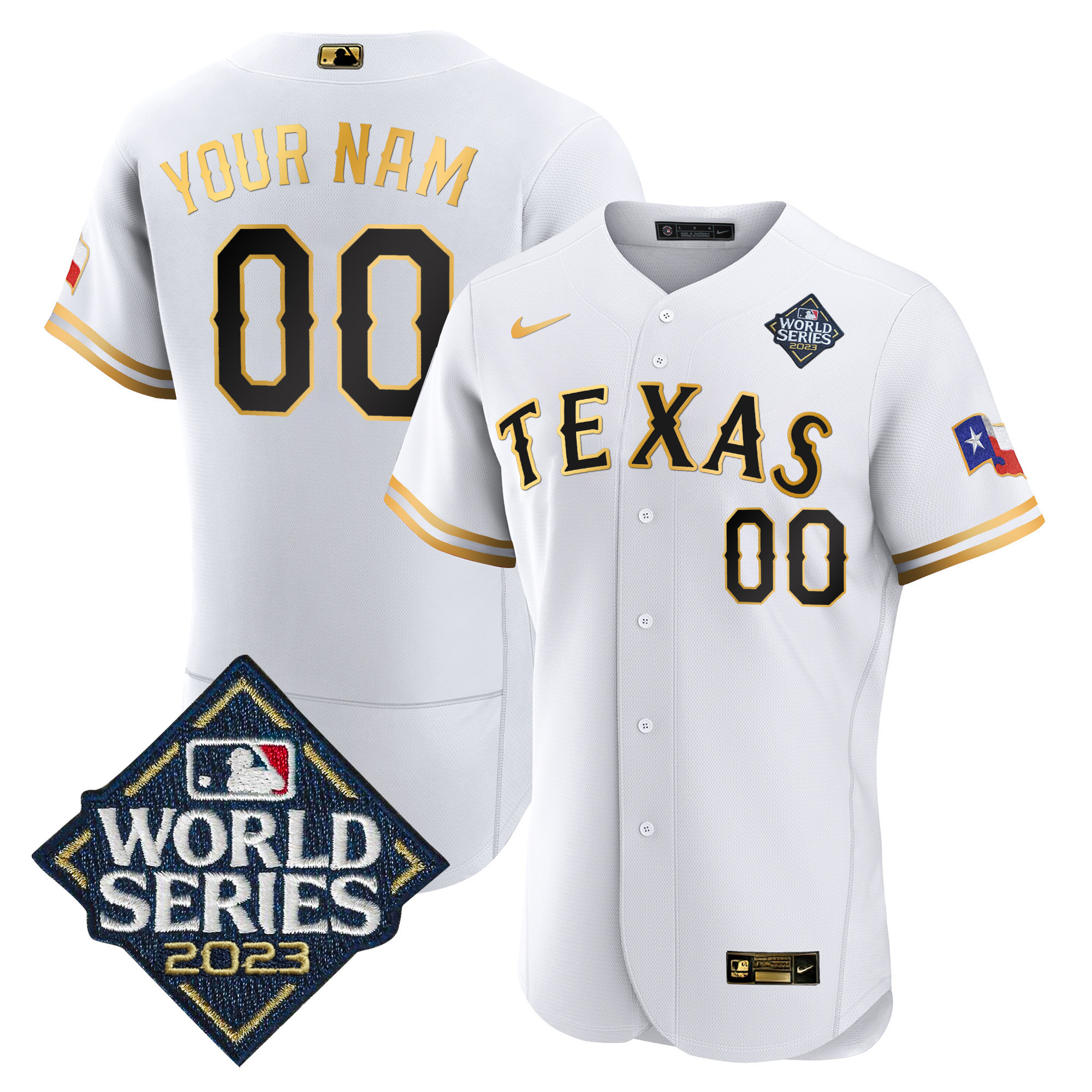 Texas Rangers 2023 World Series Flex Base Custom V2 White Gold Jersey - All Stitched