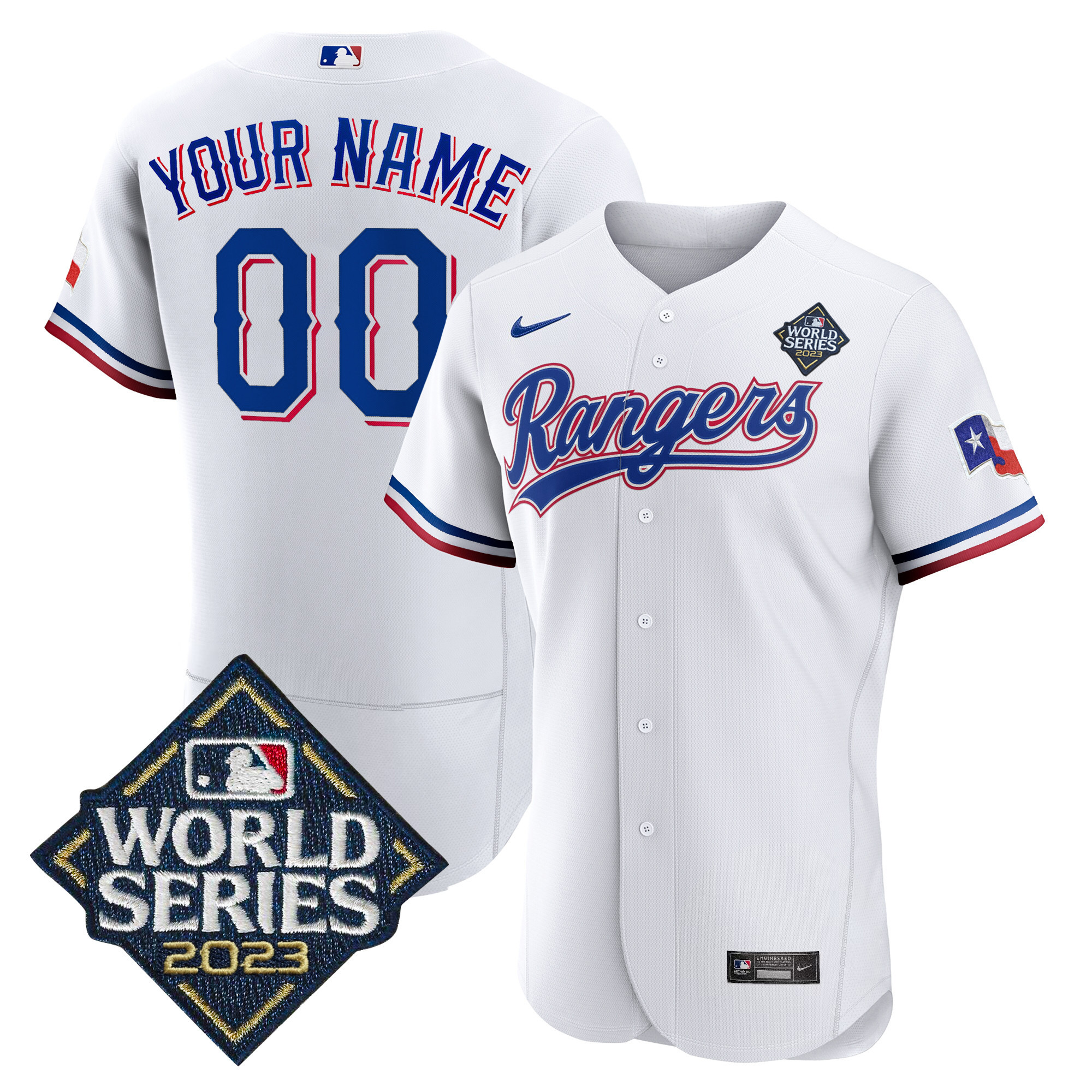 Texas Rangers 2023 World Series Flex Base Custom V2 White Jersey - All Stitched
