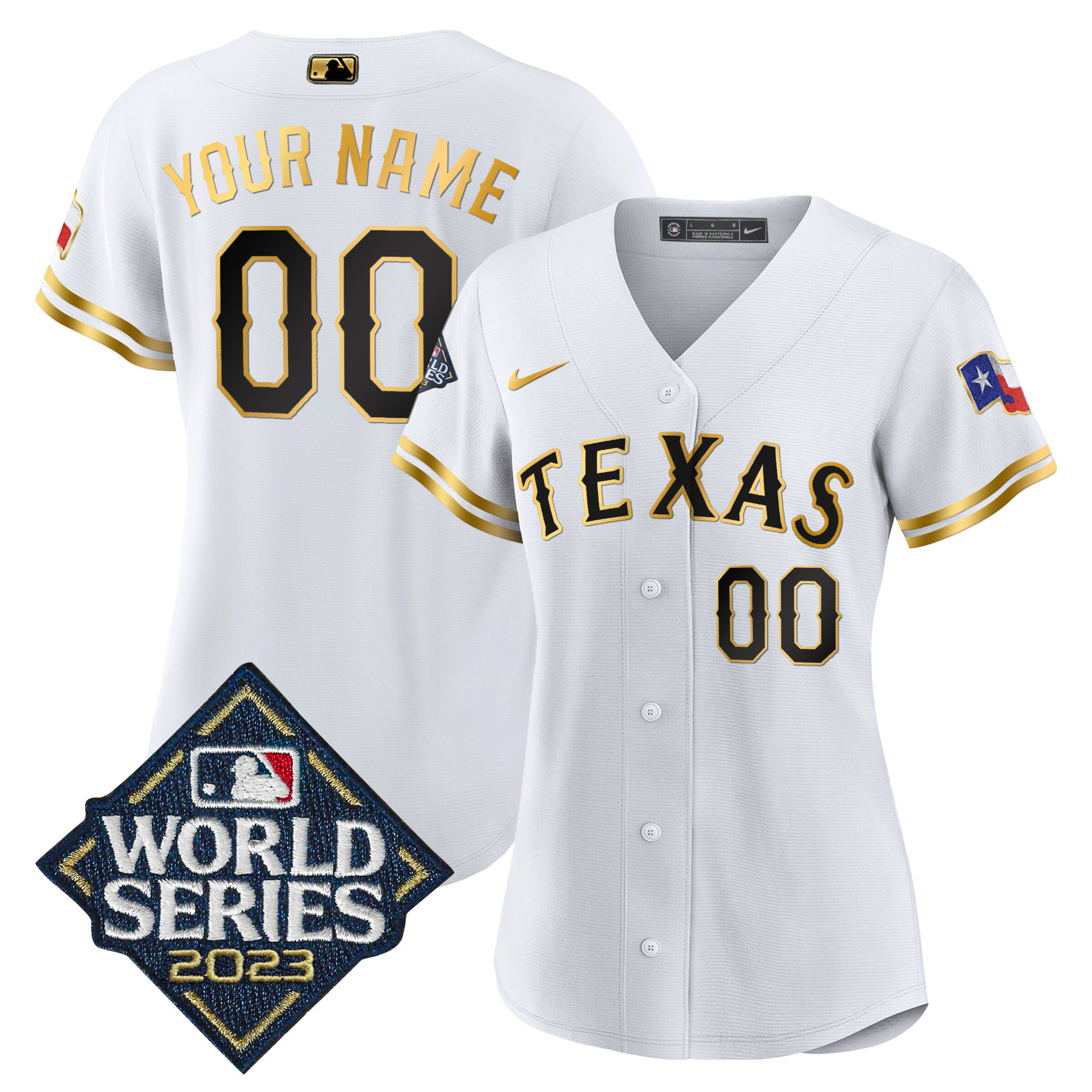 Texas Rangers 2023 World Series Flex Base Custom White Gold Jersey - All Stitched