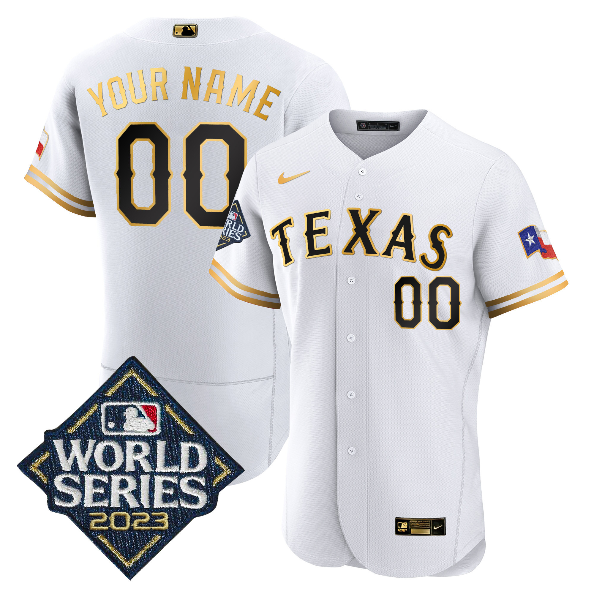 Texas Rangers 2023 World Series Flex Base Custom White Gold Jersey - All Stitched