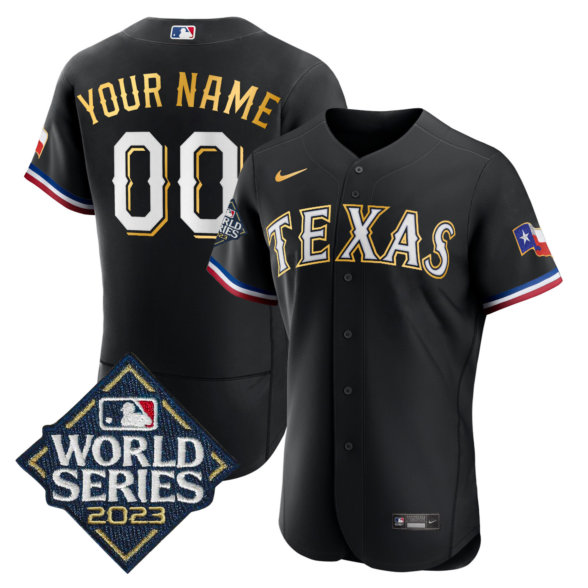 Texas Rangers 2023 World Series Flex Base Gold Trim Custom Black Jersey - All Stitched
