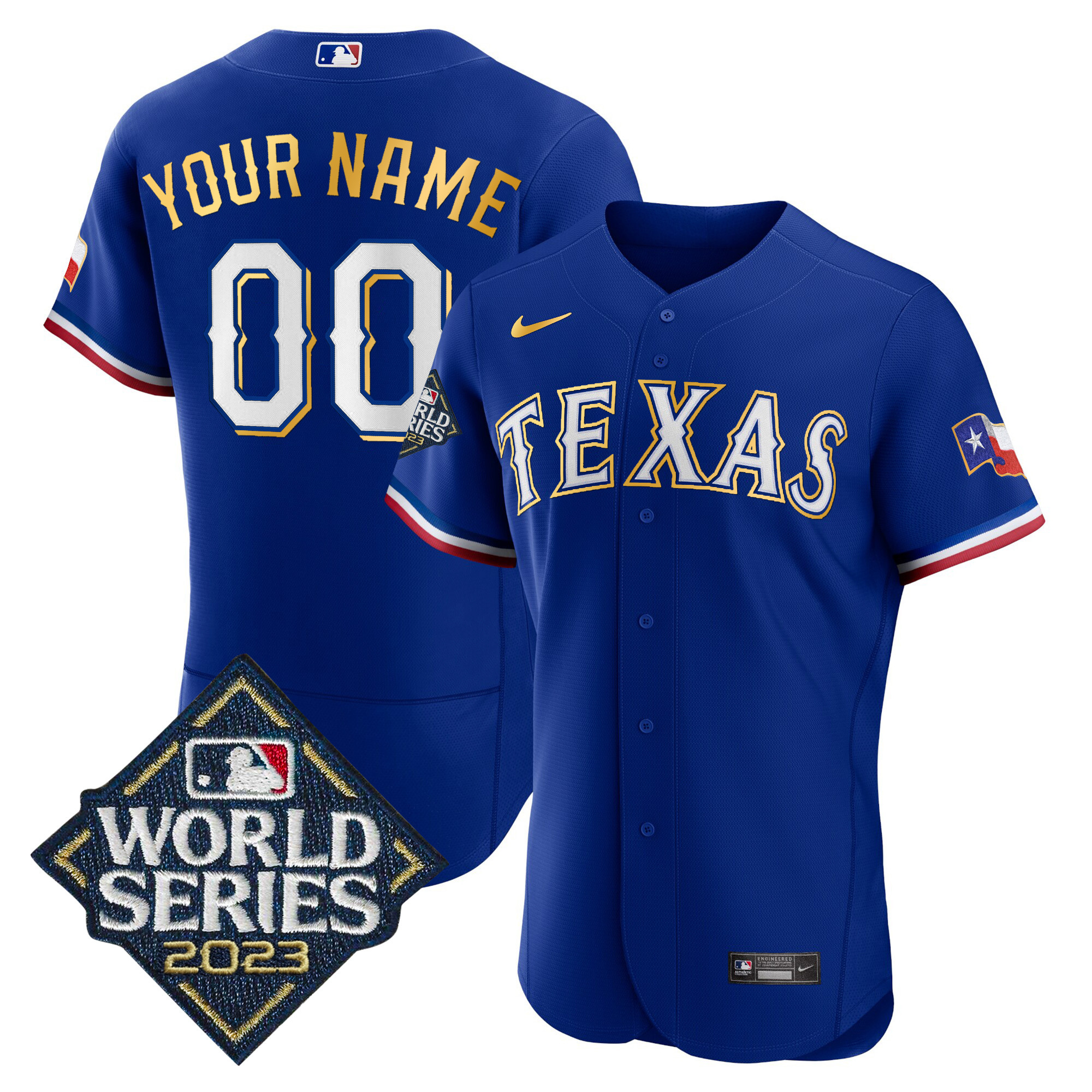 Texas Rangers 2023 World Series Flex Base Gold Trim Custom Royal Jersey - All Stitched