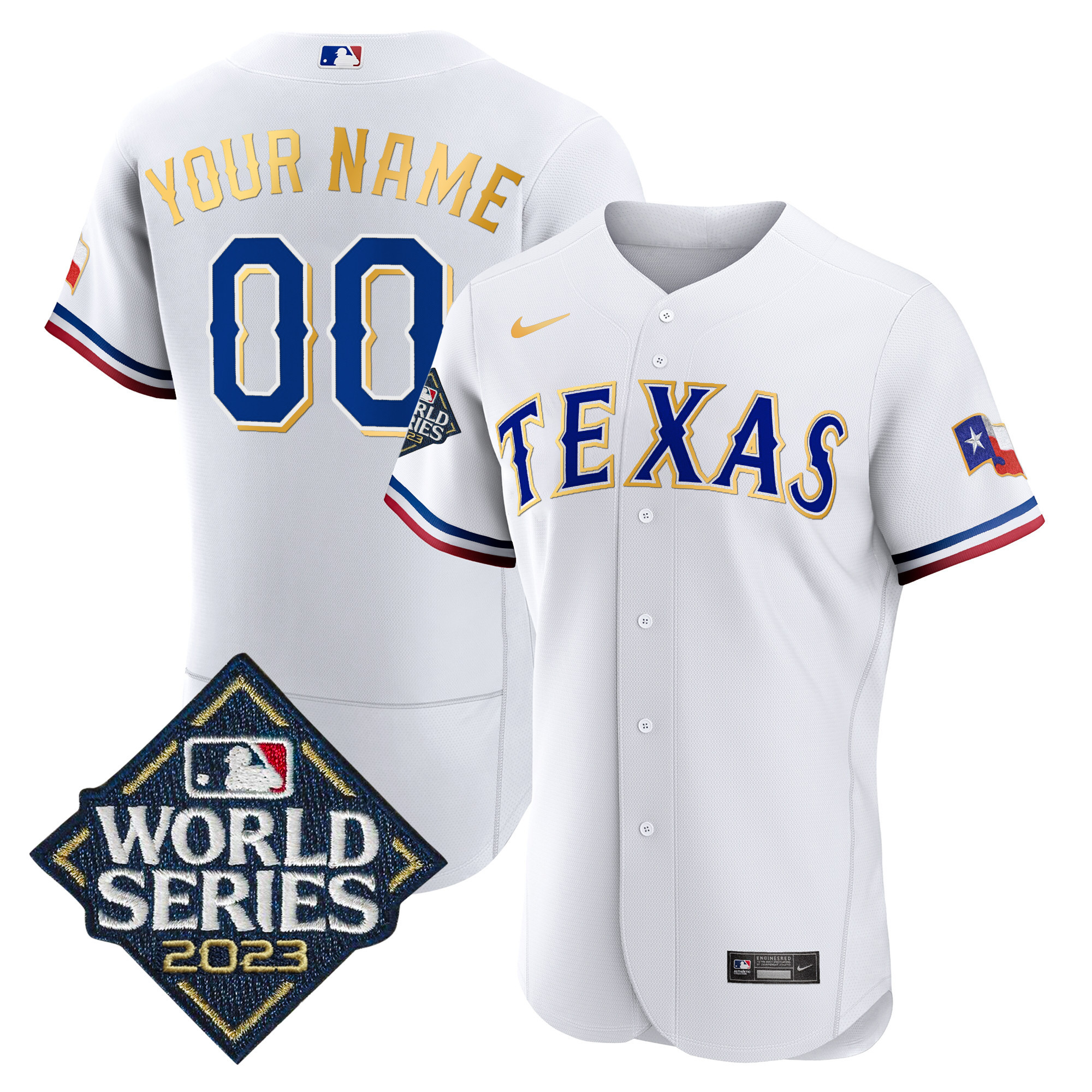 Texas Rangers 2023 World Series Flex Base Gold Trim Custom White Jersey - All Stitched