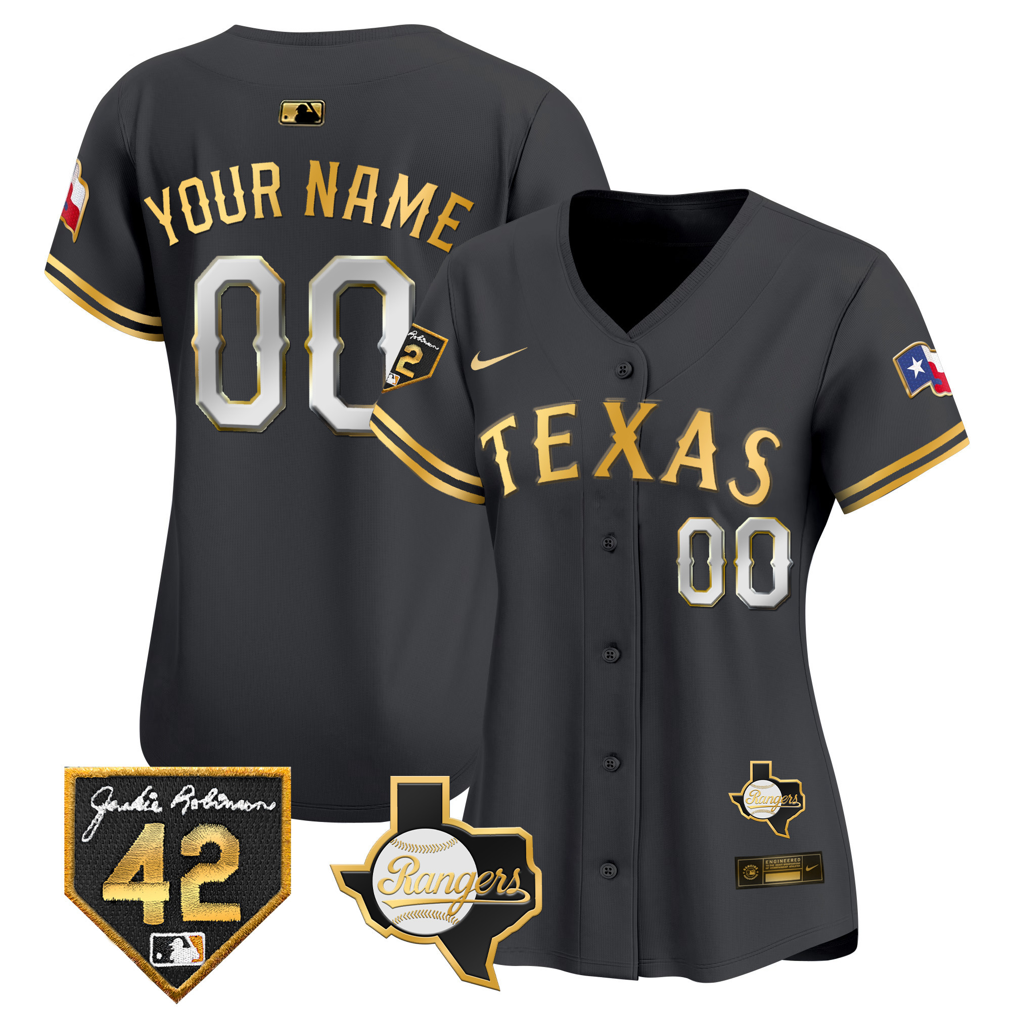 Texas Rangers 2024 Jackie Robinson Patch Vapor Premier Limited Custom Black Gold Jersey - All Stitched