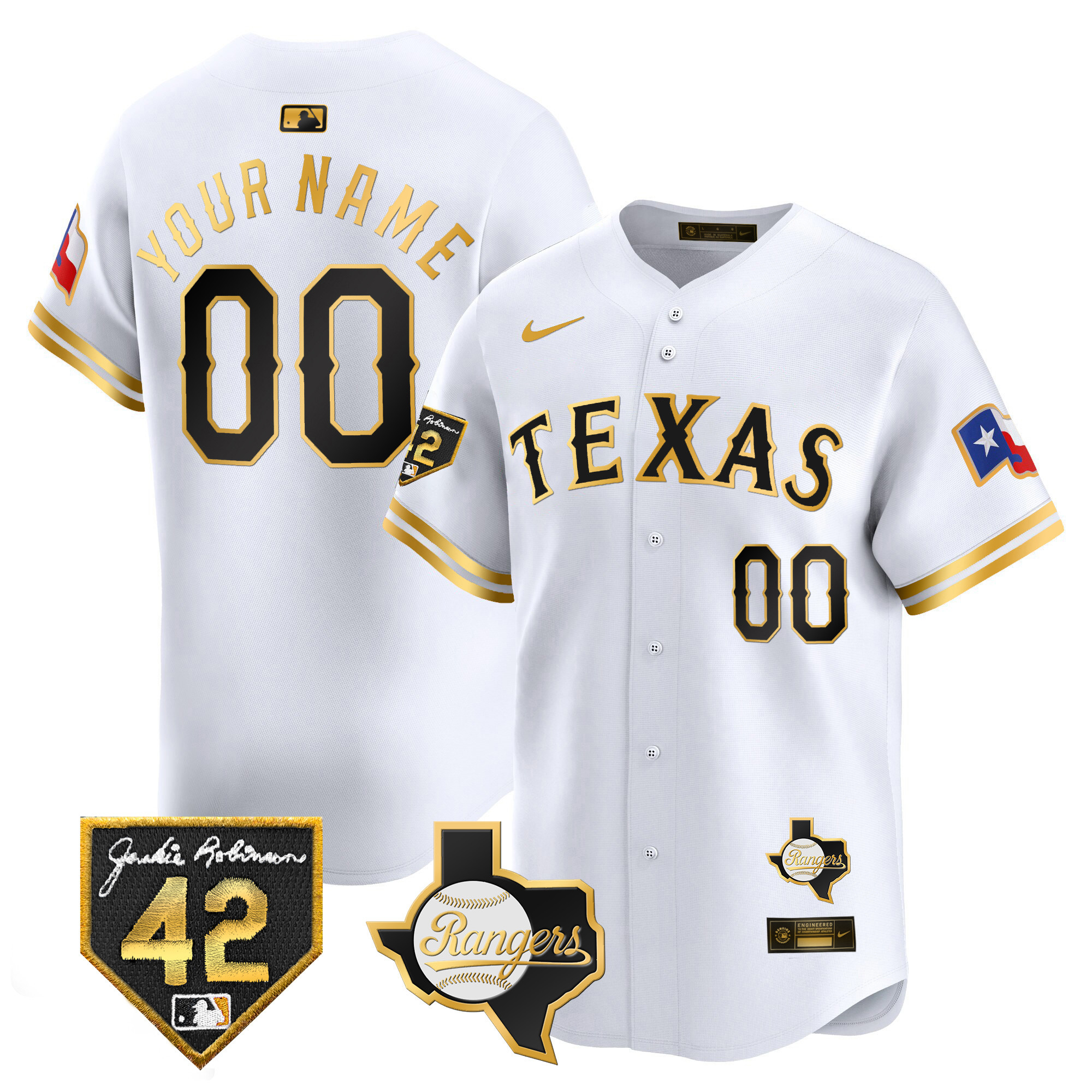 Texas Rangers 2024 Jackie Robinson Patch Vapor Premier Limited Custom White Gold Jersey - All Stitched