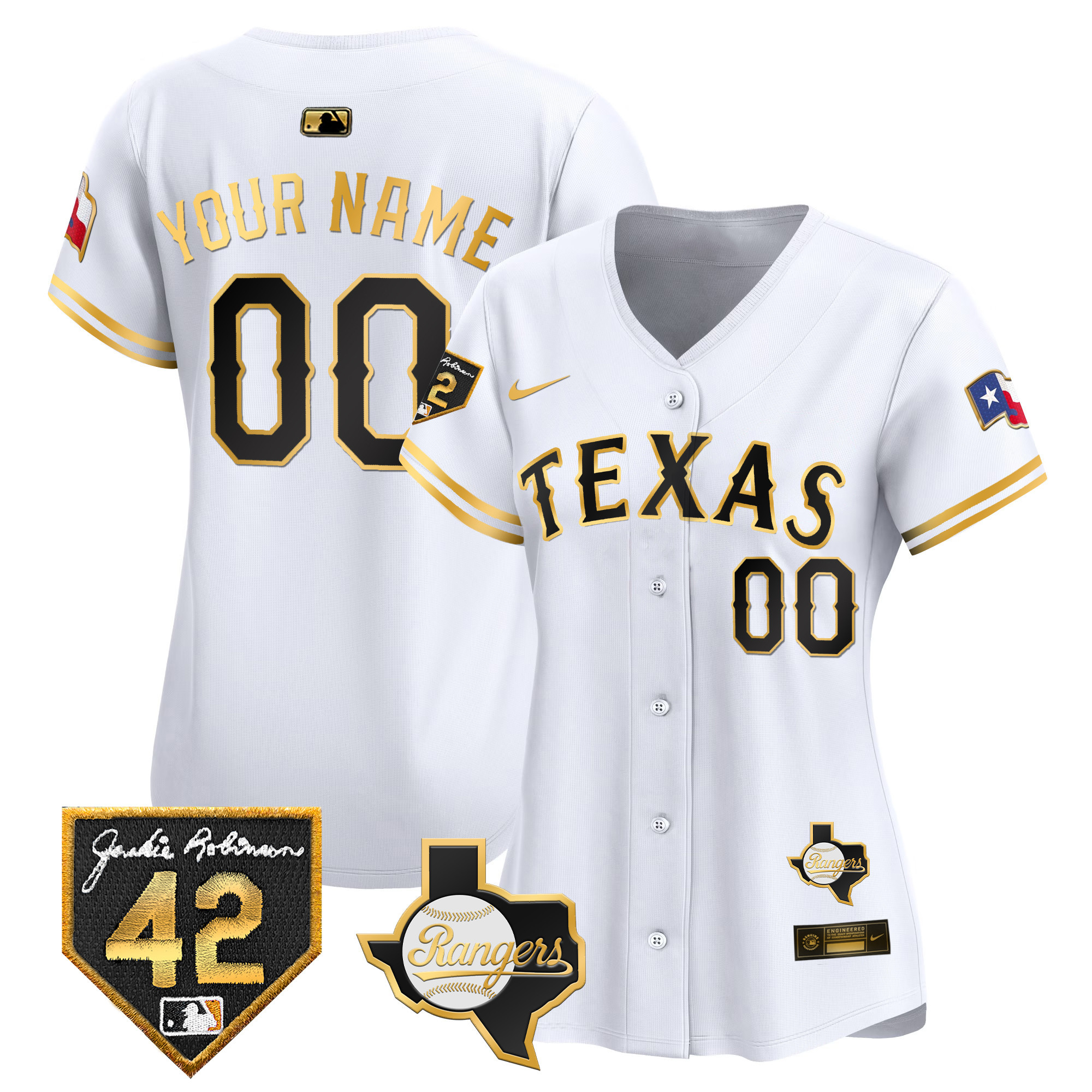 Texas Rangers 2024 Jackie Robinson Patch Vapor Premier Limited Custom White Gold Jersey - All Stitched