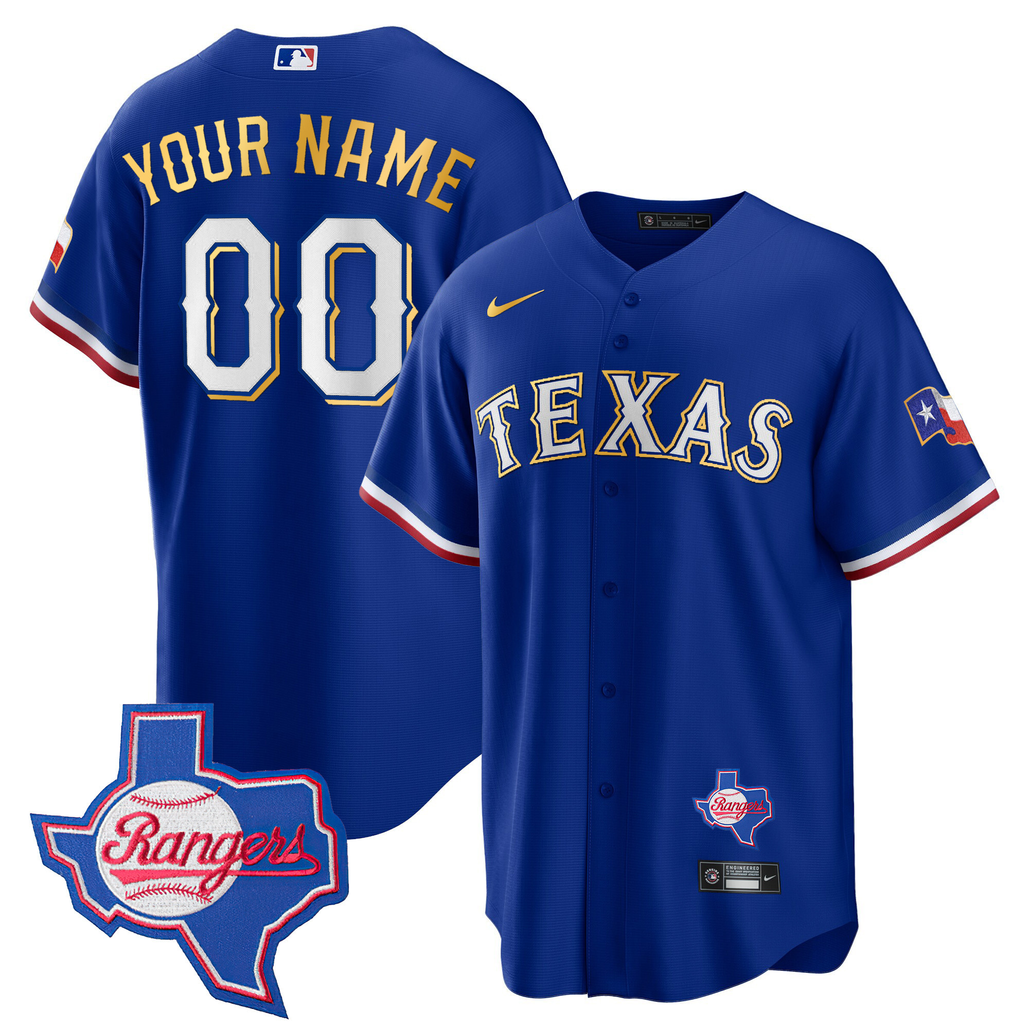 Texas Rangers Gold Trim Cool Base Custom - Texas Patch Royal Jersey - All Stitched