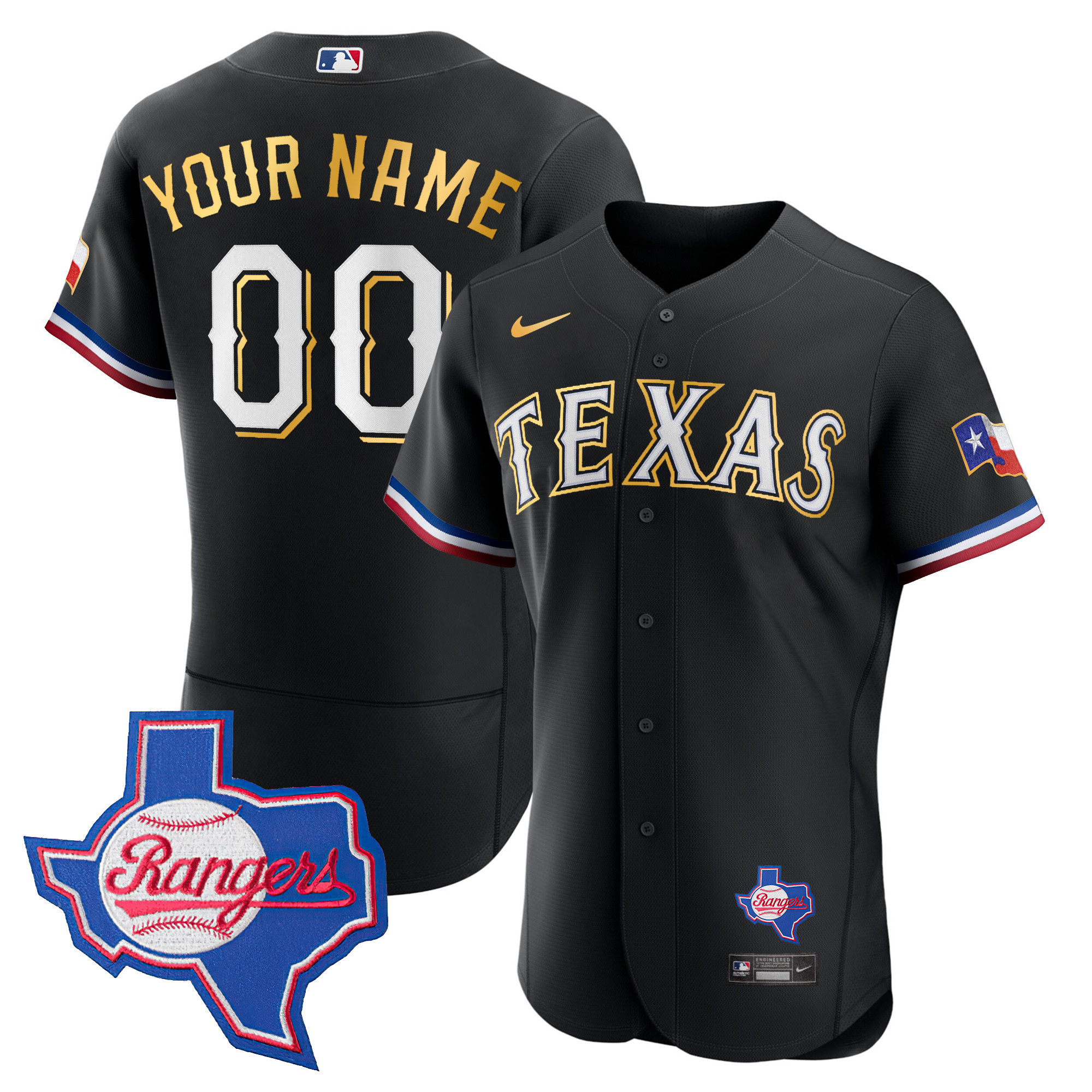 Texas Rangers Gold Trim Flex Base Custom - Texas Patch Black Jersey - All Stitched