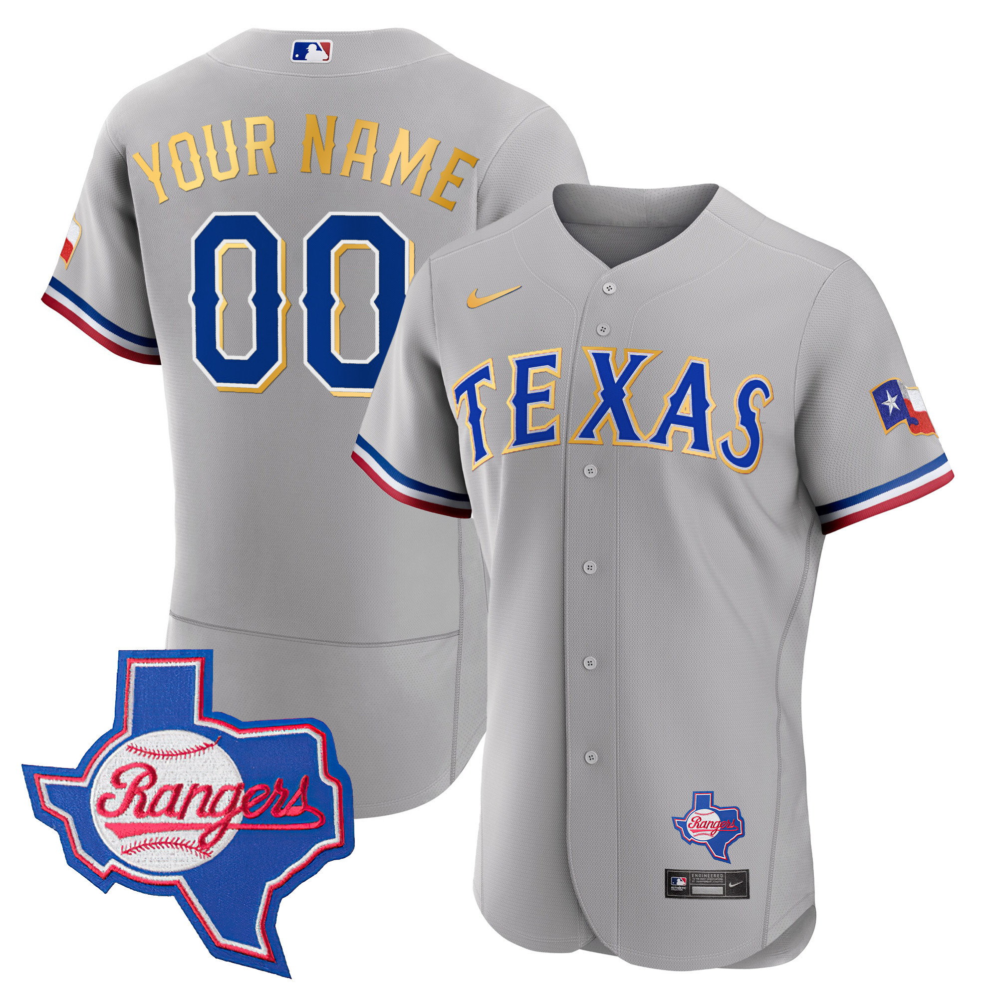 Texas Rangers Gold Trim Flex Base Custom - Texas Patch Gray Jersey - All Stitched