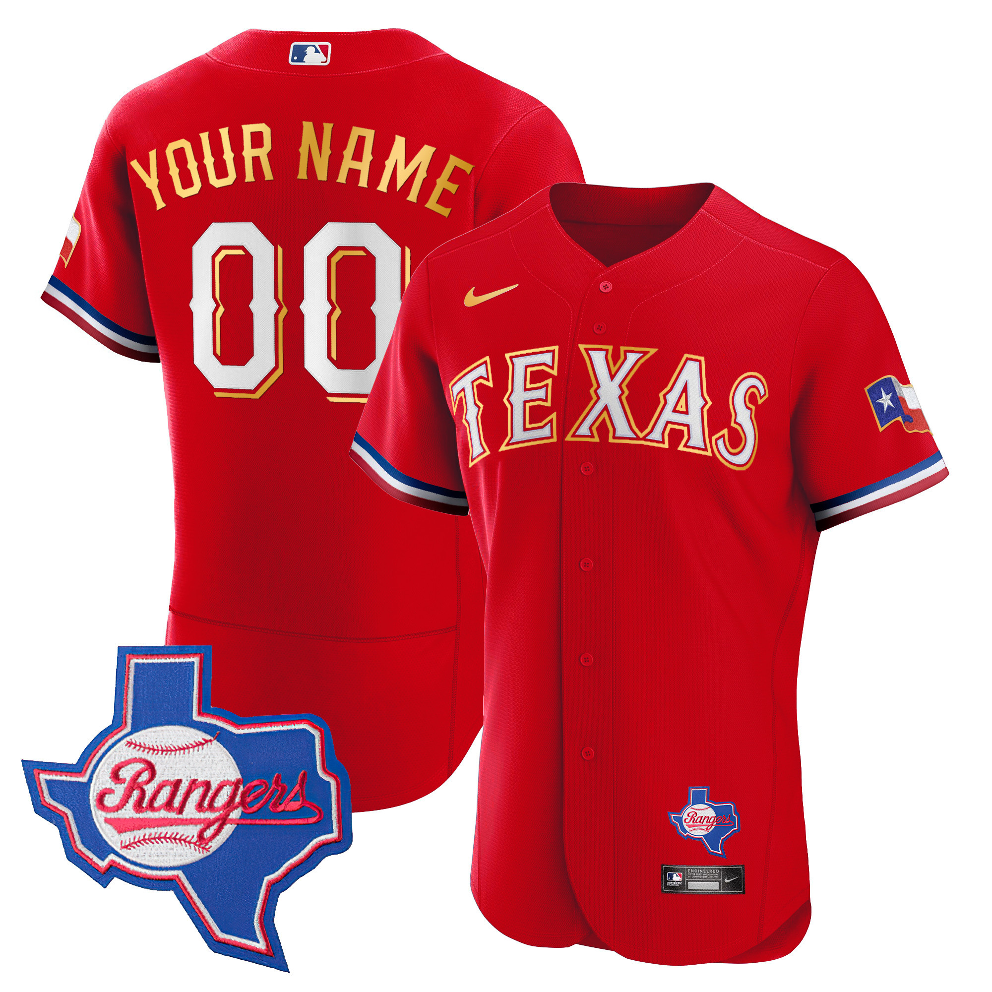Texas Rangers Gold Trim Flex Base Custom - Texas Patch Red Jersey - All Stitched