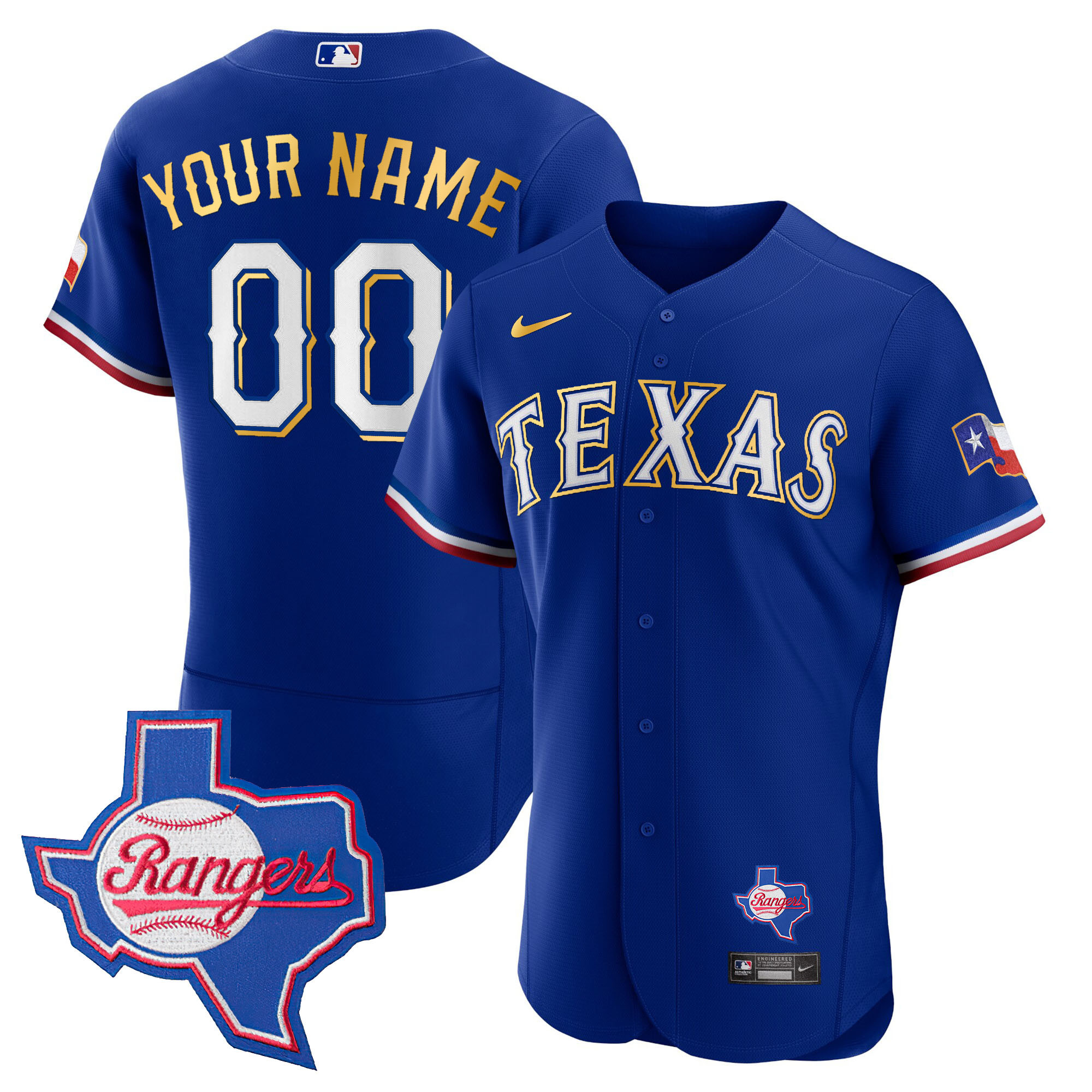 Texas Rangers Gold Trim Flex Base Custom - Texas Patch Royal Jersey - All Stitched