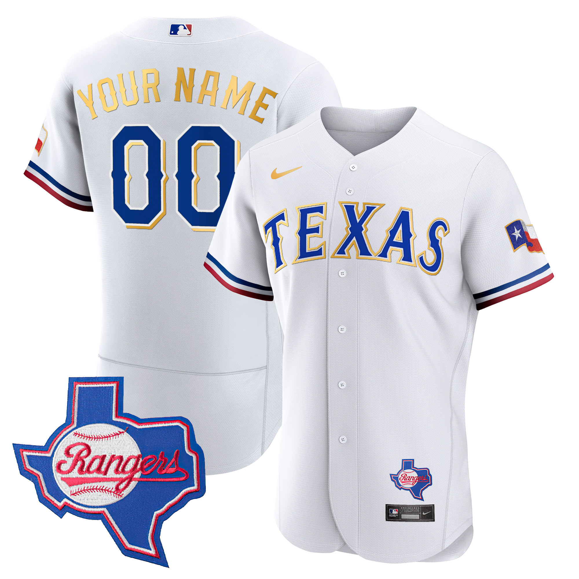 Texas Rangers Gold Trim Flex Base Custom - Texas Patch White Jersey - All Stitched