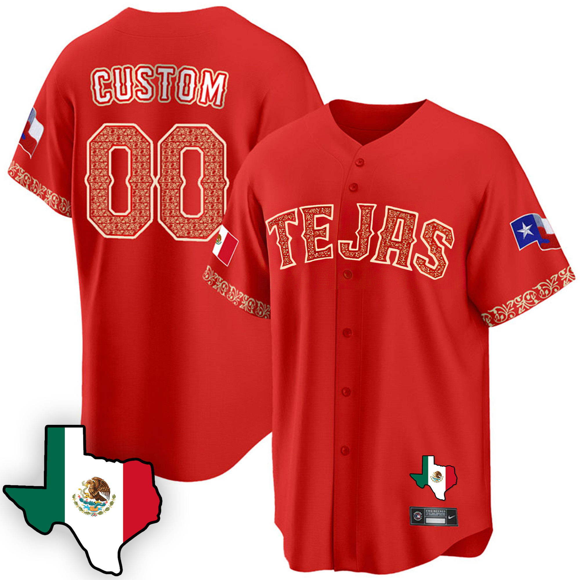 Texas Rangers Mexican Cool Base Custom V3 Red Jersey - All Stitched