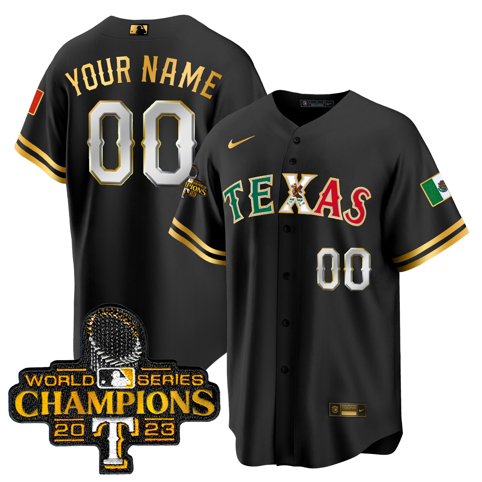 Texas Rangers Mexico 2023 World Series Champions Baseball Custom Black Gold Jersey - All Stitched