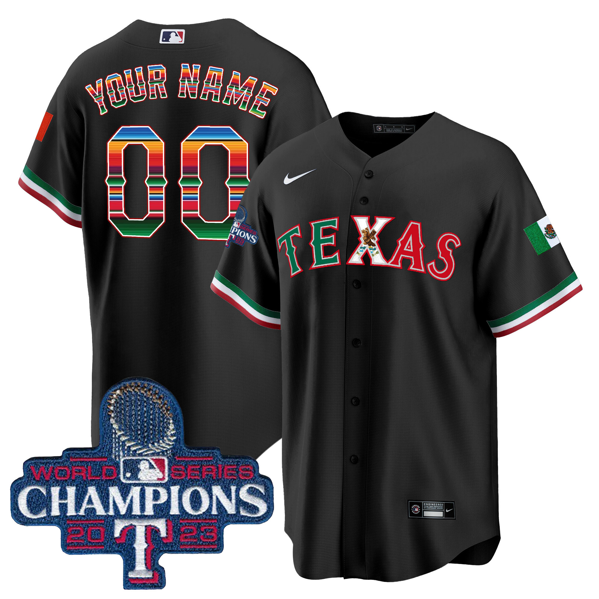 Texas Rangers Mexico 2023 World Series Champions Baseball Custom V2 Black Jersey - All Stitched