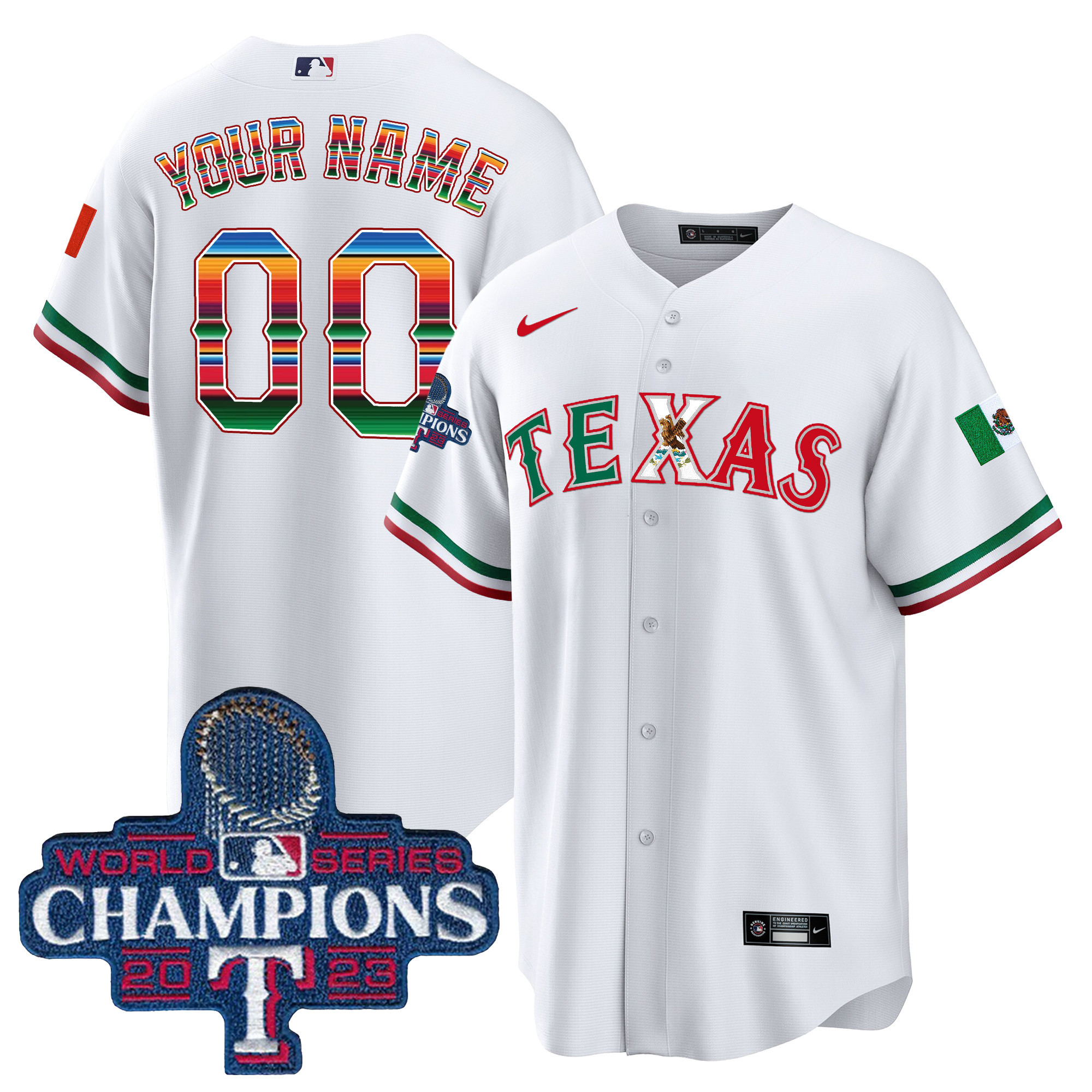 Texas Rangers Mexico 2023 World Series Champions Baseball Custom V2 White Jersey - All Stitched