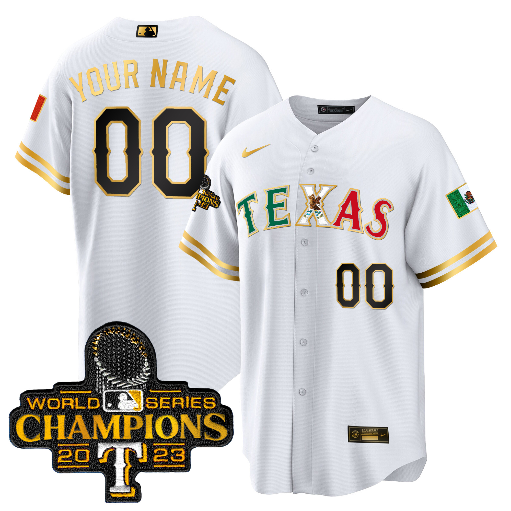 Texas Rangers Mexico 2023 World Series Champions Baseball Custom White Gold Jersey - All Stitched