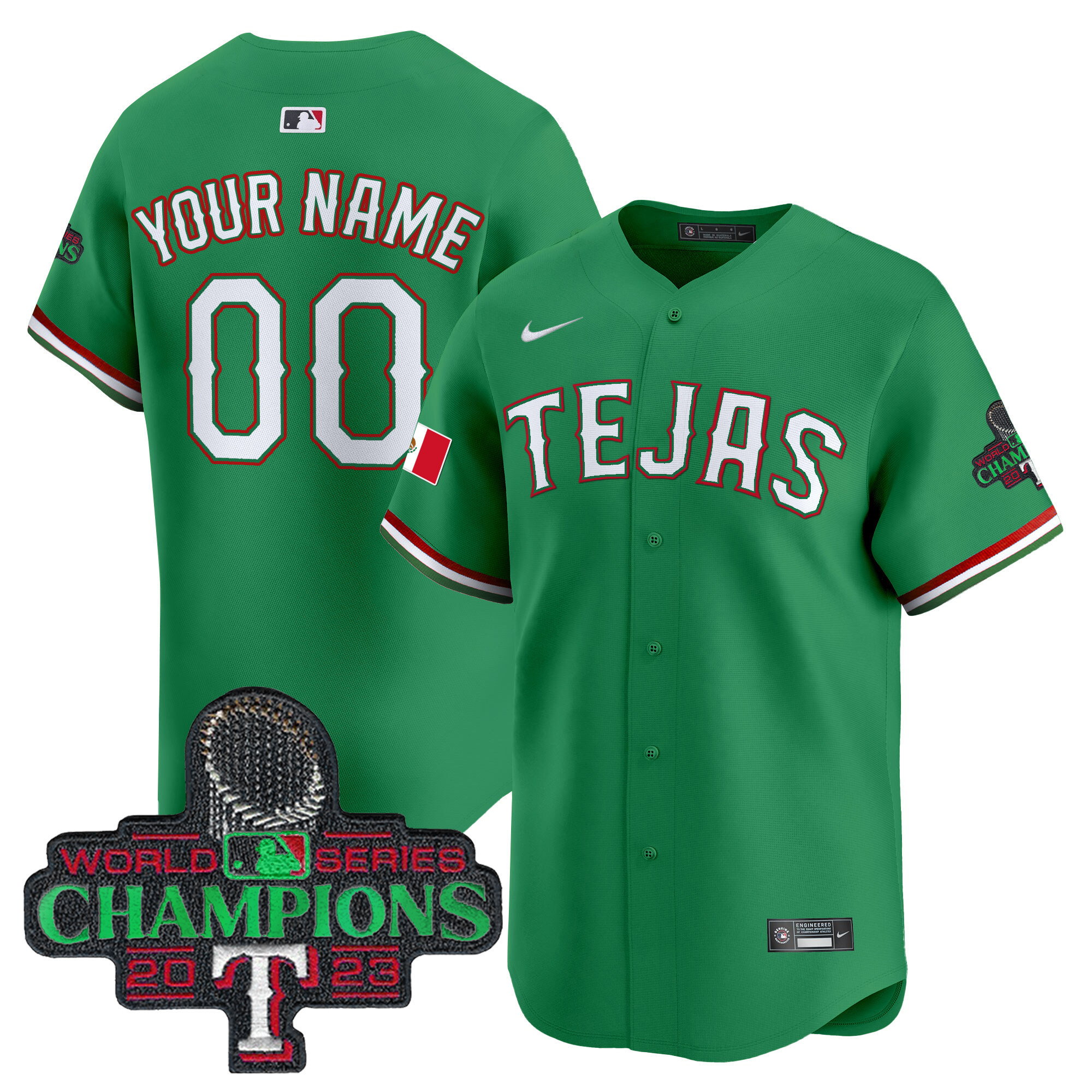 Texas Rangers Mexico Champions Patch Vapor Premier Limited Custom Green Jersey - All Stitched