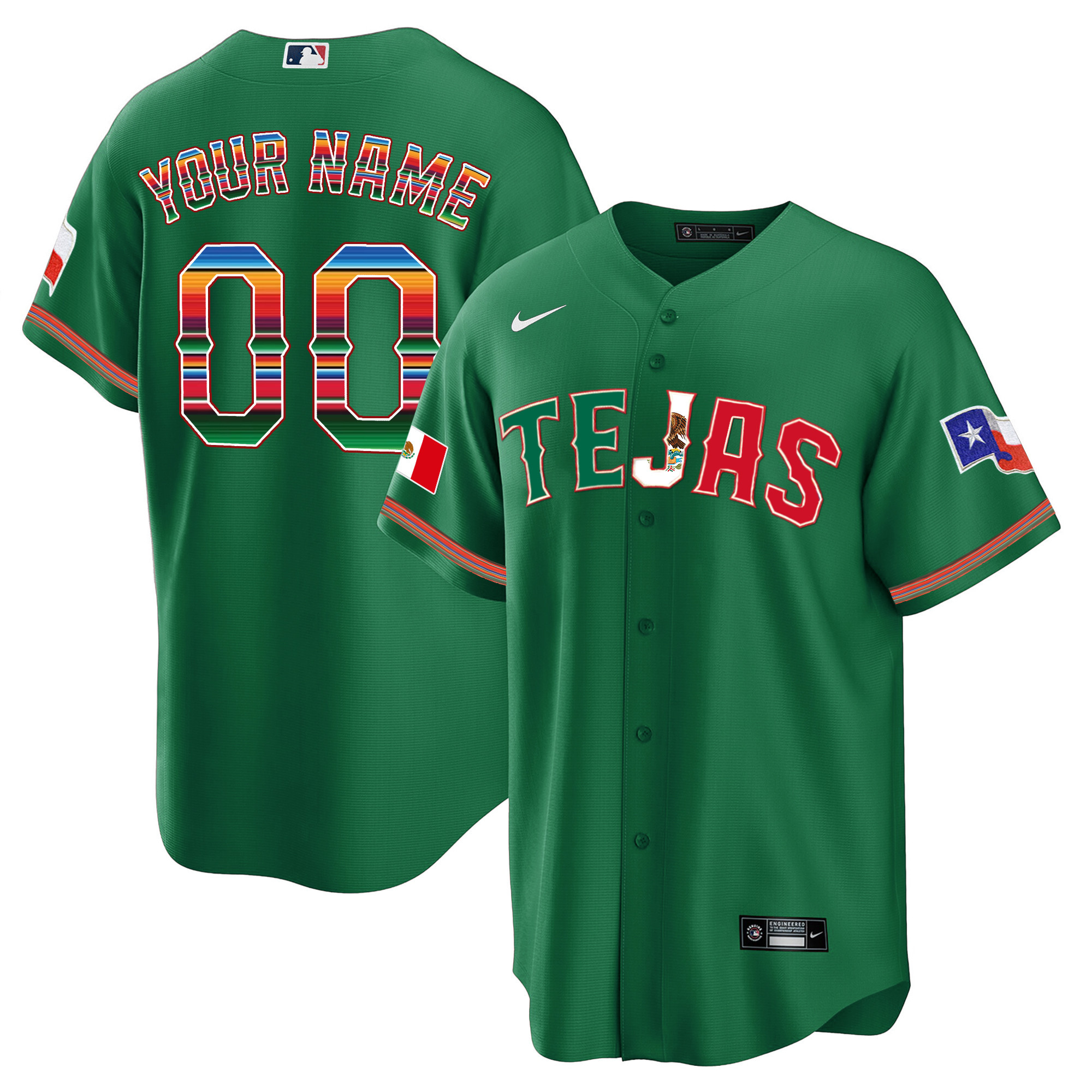 Texas Rangers Mexico Flag Custom Green Jersey - All Stitched