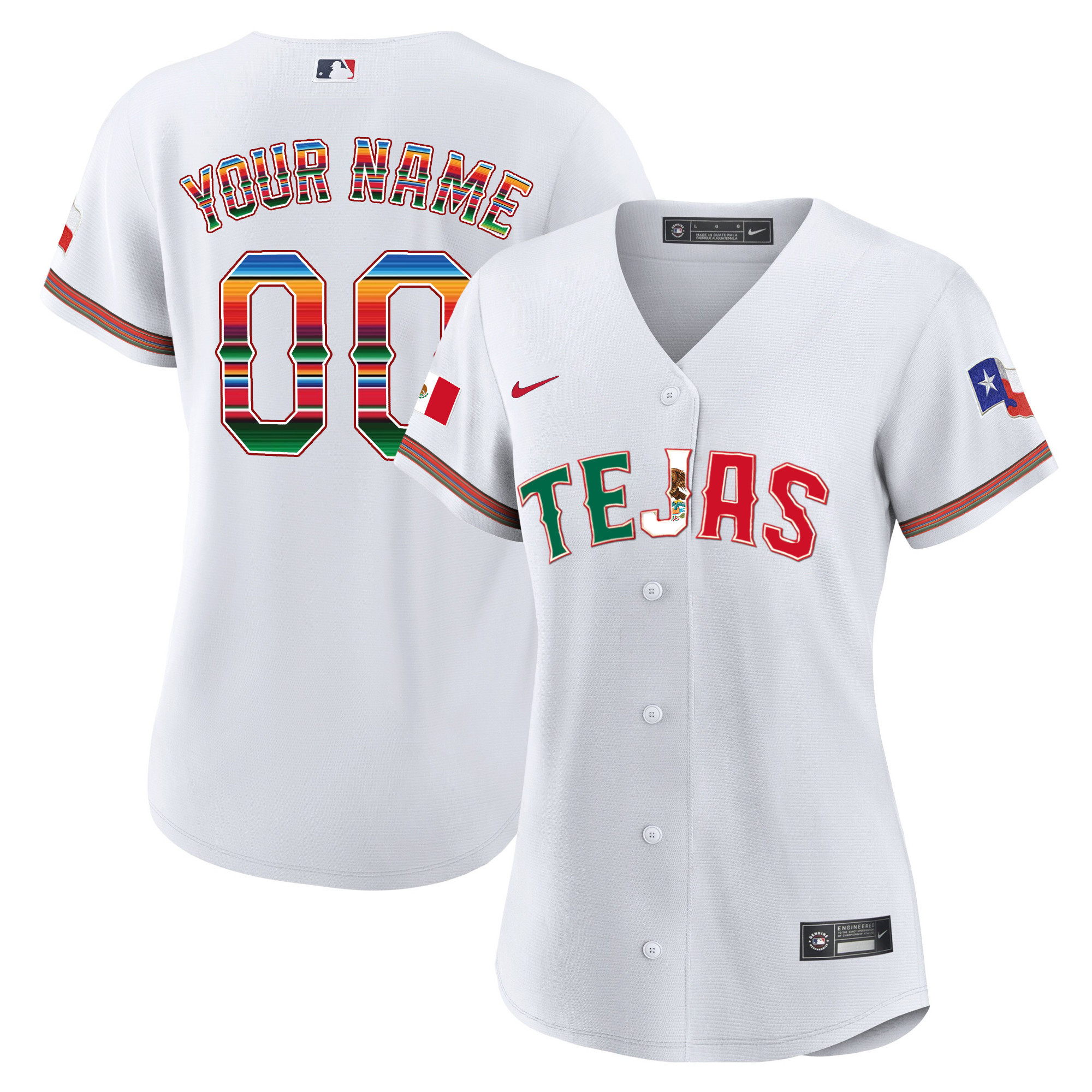 Texas Rangers Mexico Flag Custom White Jersey - All Stitched