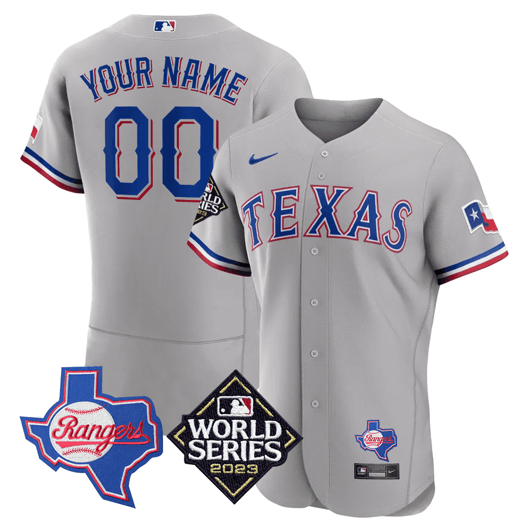 Texas Rangers Texas State & 2023 World Series Patch Custom Grey Jersey - All Stitched