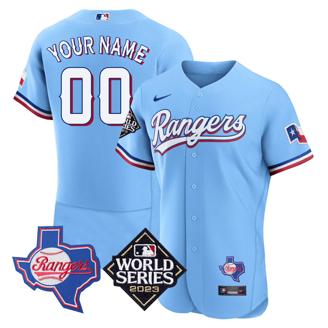 Texas Rangers Texas State & 2023 World Series Patch Custom Light Blue Jersey - All Stitched
