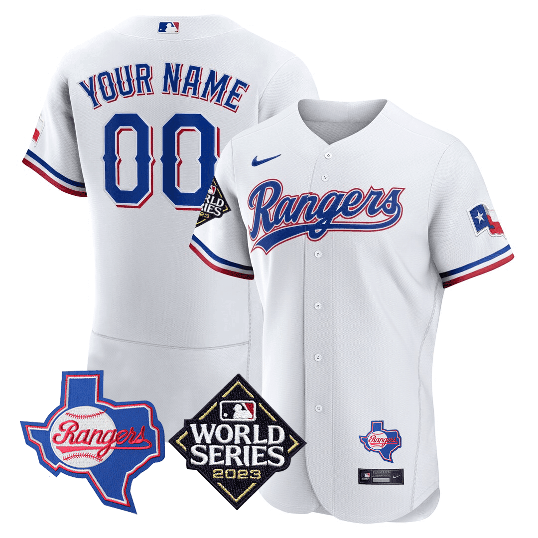 Texas Rangers Texas State & 2023 World Series Patch Custom White Jersey - All Stitched